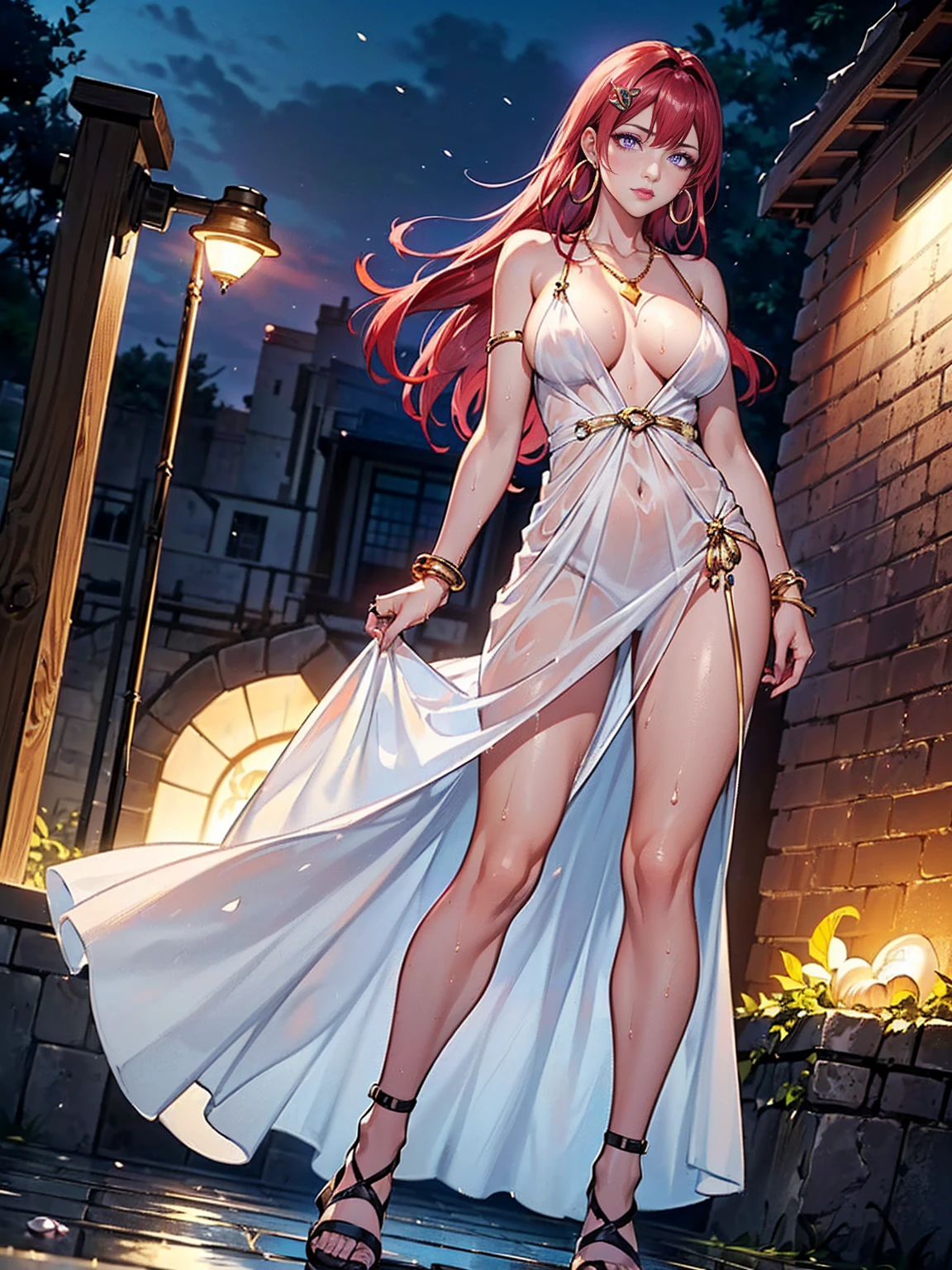 ((1girl, alone, solo, 1woman, TakashiroHiroko, dark purple eyes, red hair, TakashiroHiroko, Extremely detailed, ambient soft lighting, 4k, perfect eyes, a perfect face, perfect lighting, a 1girl)), ((appearance: milf:1.25, slender:1.2, Clothes: (white maxi slip dress:1.2), strappy sandals, soaked, wet, (sheer:1.2) accessories: gold ring, hoop earrings, shell necklace, hair ornament , invent: Massacres, natural, glowing skin, Location: outdoors, Nature, Pose, is support, grabbing own is))