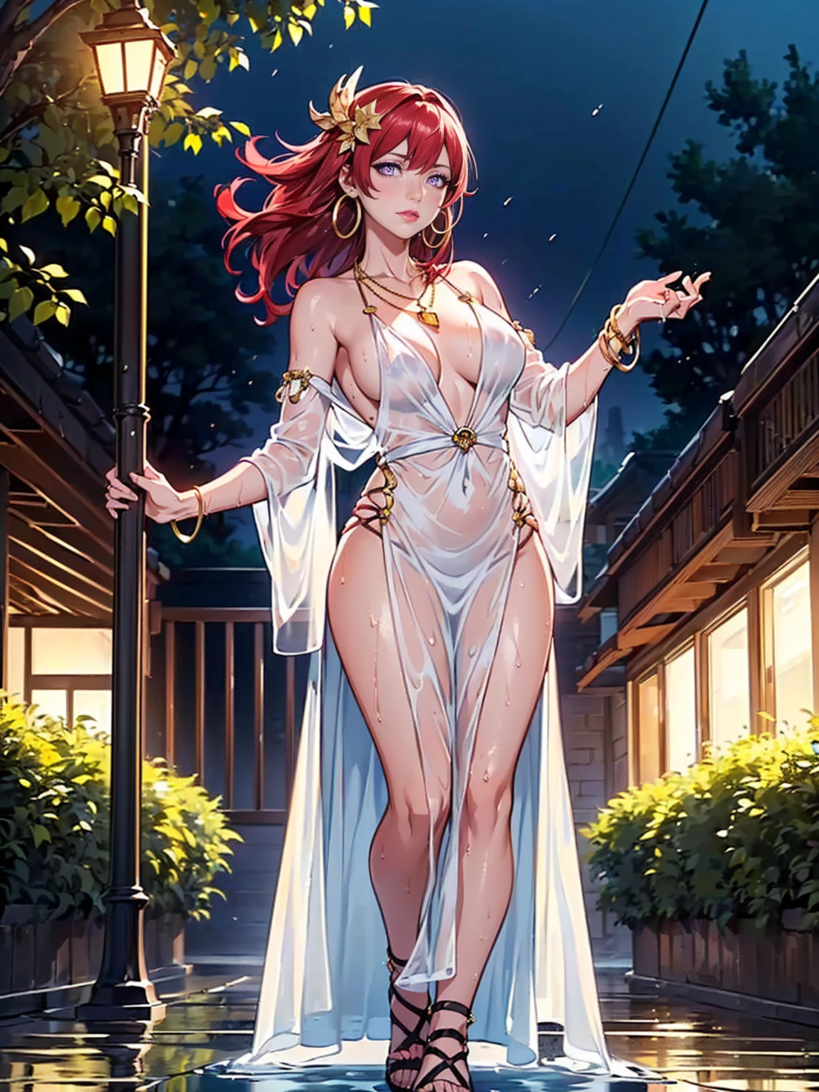 ((1girl, alone, solo, 1woman, TakashiroHiroko, dark purple eyes, red hair, TakashiroHiroko, Extremely detailed, ambient soft lighting, 4k, perfect eyes, a perfect face, perfect lighting, a 1girl)), ((appearance: milf:1.25, slender:1.2, Clothes: (white maxi slip dress:1.2), strappy sandals, soaked, wet, (sheer:1.2) accessories: gold ring, hoop earrings, shell necklace, hair ornament , invent: Massacres, natural, glowing skin, Location: outdoors, Nature, Pose, is support, grabbing own is))