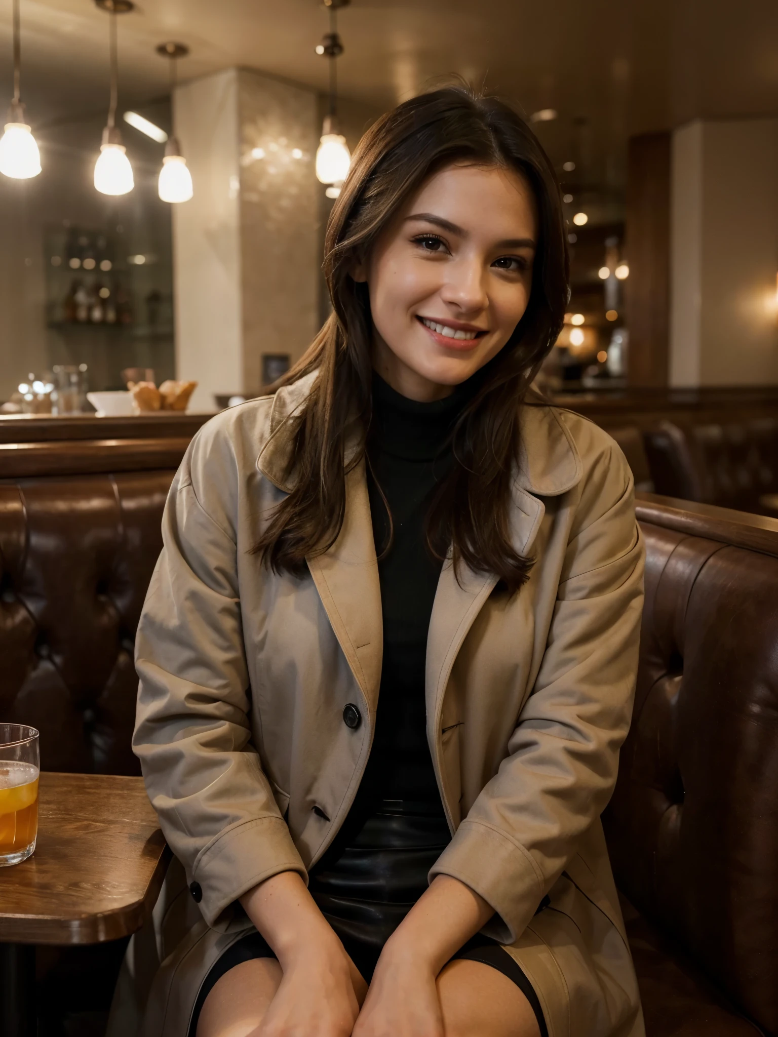 a smiling woman, sitting, in a restaurant, ultra realistic, hyperrealism, Ultra definition, perfect skin, cool woman, wearing coat, in a cold environment, sweet woman, lit, perfect resolution, perfect image, for social media, for Instagram post,100% realistic, 100% perfect