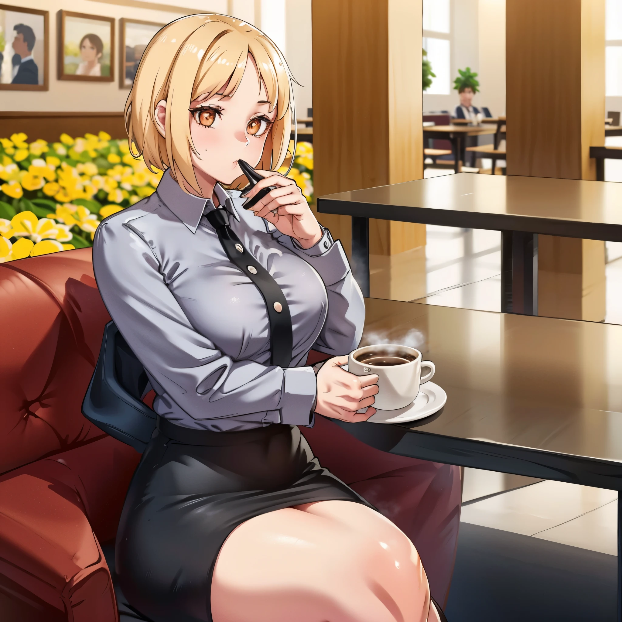 A girl in a cafe, drinking a cup of coffee, wearing casual clothes, short blonde hair, orange eyes, ultra resolution, perfect quality, well detailed, 8K hd
