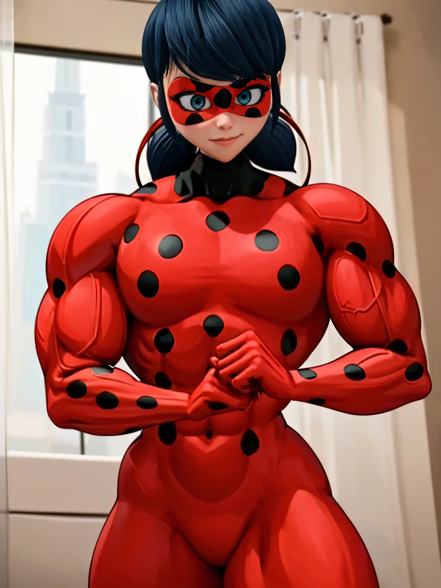 (big muscular female bodybuilder, beautiful detailed eyes, beautiful detailed lips:1.1,strong physique, two short pigtails,(small smile),(a bright red mask with five black spots that are in a symmetrical design around her eyes, a luminous vivid red superhero jumpsuit with a black turtleneck collar and black spotuscle,(Ladybug costume) (muscle are visible in clothes)), lifting weight, muscular arms and legs:1.2, toned abs, powerful expression,sweating:1.1, bed background:0.9, intense focus:1.1, vibrant colors, dramatic lighting),rippling muscles,sturdy frame,dark tan,fit around the waist,tight abs,strong arms and shoulders,intense expression,determined look,well-defined muscles and veins,straining muscles,artistic pose,steely gaze,side lighting,powerful presence,vivid colors,dynamic composition,studio lighting,physically-based rendering,athletic build,bodybuilding silhouette,professional,gritty texture,bokeh.