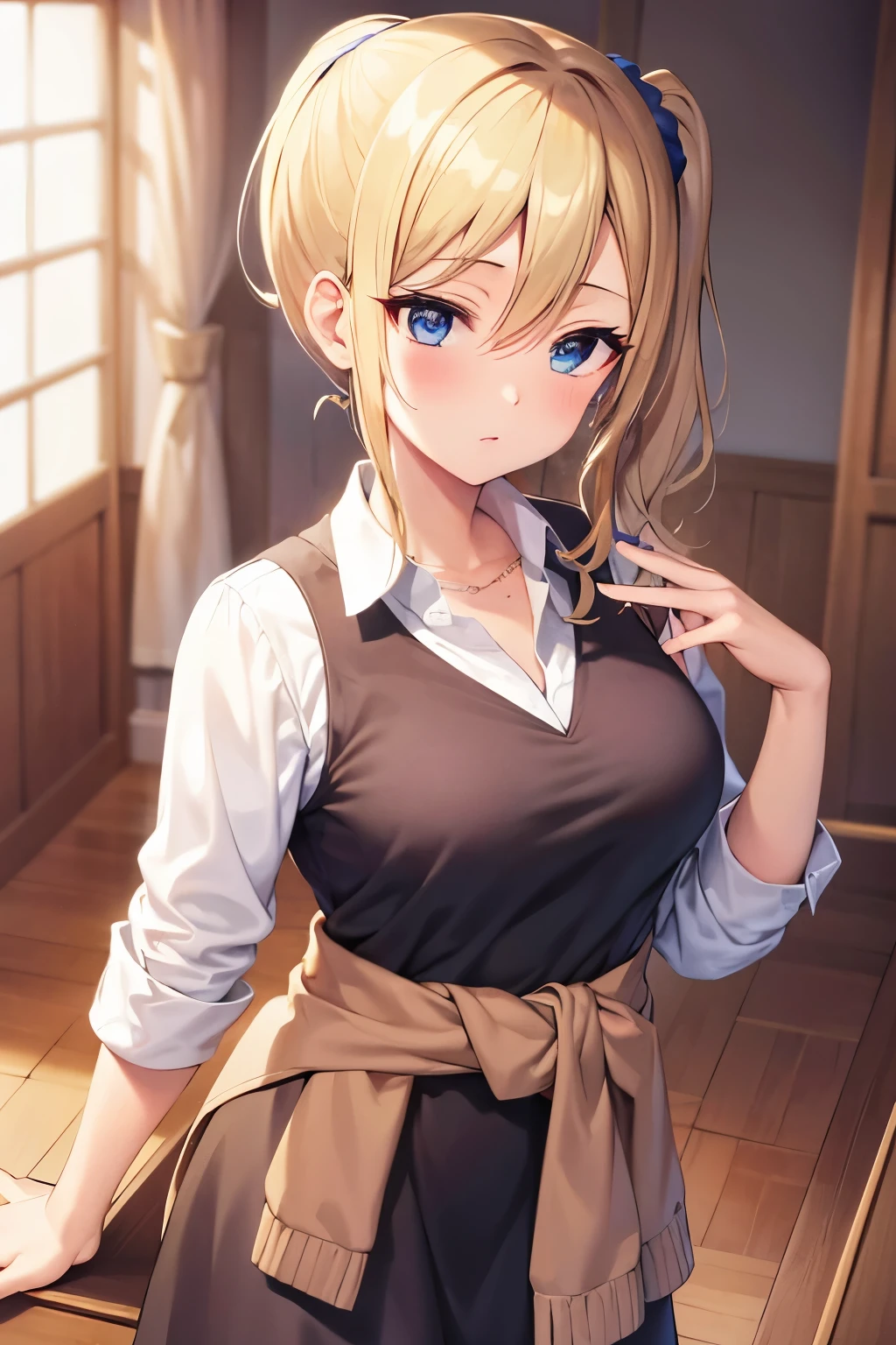 masterpiece, best quality, AiHayasakaV4, 1girl, solo, breasts, looking at viewer, blush, blue eyes, blonde hair, simple background, shirt, hair ornament, white background, hair between eyes, , white shirt, nail polish, side ponytail, v, scrunchie, hair scrunchie, blue nails, clothes around waist, blue scrunchie, shuuchiin academy 