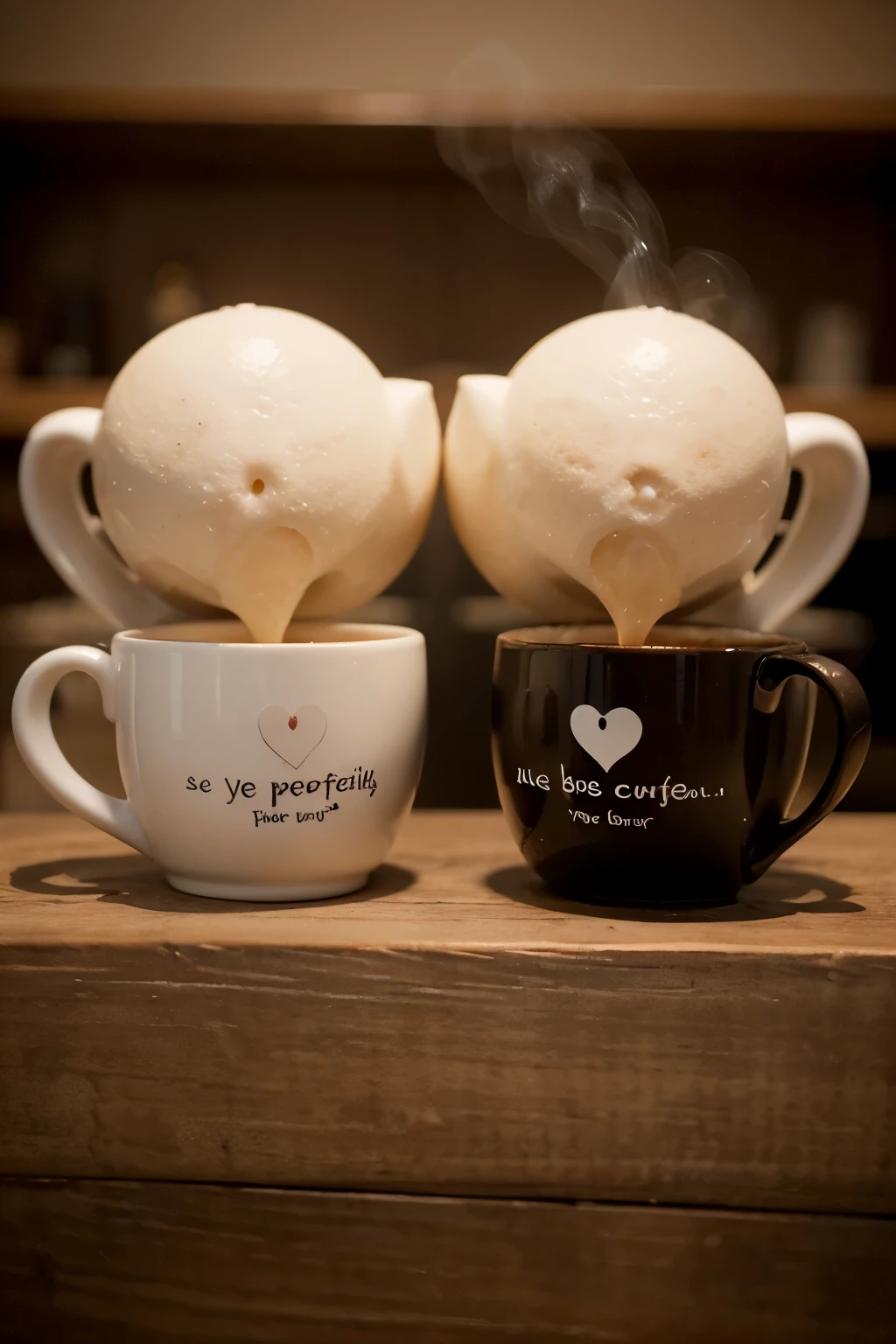Two cups of coffee or tea with steam coming out of them, formando corazones en el aire. The cups could be placed opposite each other, as if they were ready for a conversation. You can add sweet little details, like sugar or cookies, around the cups to emphasize the cozy and comforting aspect of the dialogue. The background could be a soft, warm tone to give a feeling of calm and tranquility. Y, por supuesto, Title "Sweet Dialogue" could be written in a fancy, readable font at the top of the image.