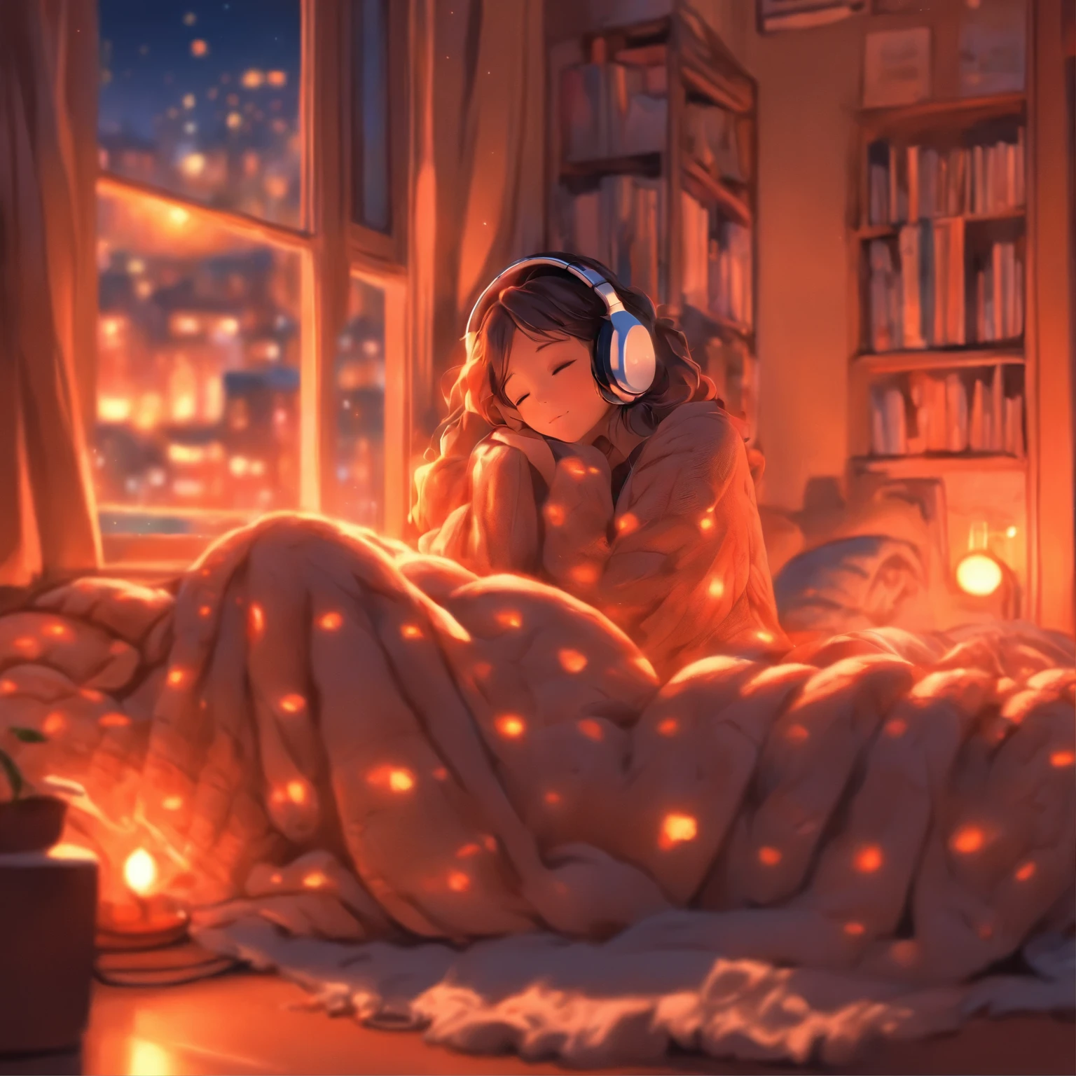 girl, Lying and sleeping, Wearing a large sweater, wearing headphones, feet covered with blanket, praise, Calm, Calm atmosphere, looking out the window in her room, nice, night, quiet night, masterpiece, highest quality