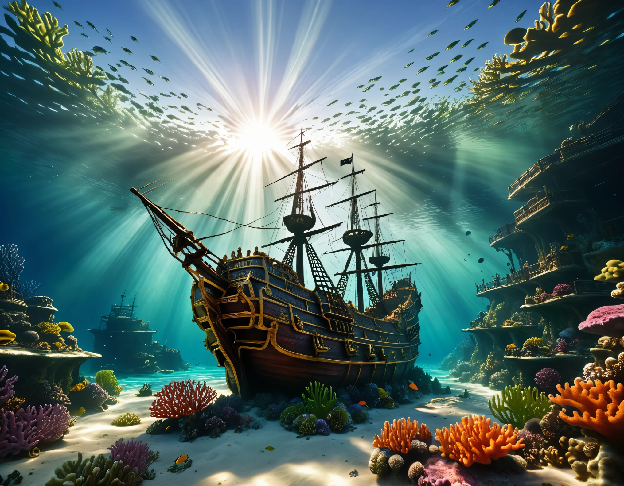 ultra wide angle:1.4, depths of the sea:1.5, ((perfect, meticulously detailed, flawless, high definition, cinematic: 1.5), ((Masterpiece) ), (Hyper detailed: 1.3), (Photorealistic: 1.4), Epic, (sun rays through the water: 1.3), (coral, algae, pirate ship sunk at the bottom of the sea, weight: 1.3), 32k.
