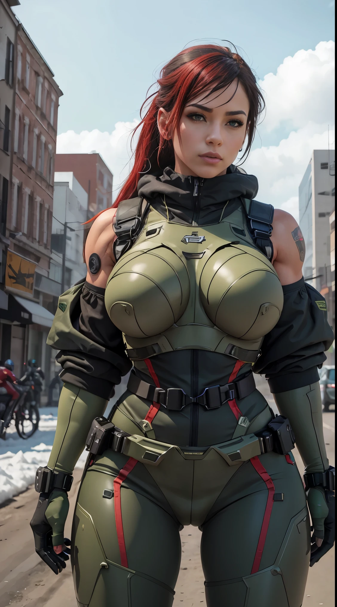 Cyborg Sexy Big Breasts Athletic Body Robotic Arms Green and Red Metal Boots Green and Red Armor NSFW Senary A City of Ice NSFW Undressed Tactical Vest 