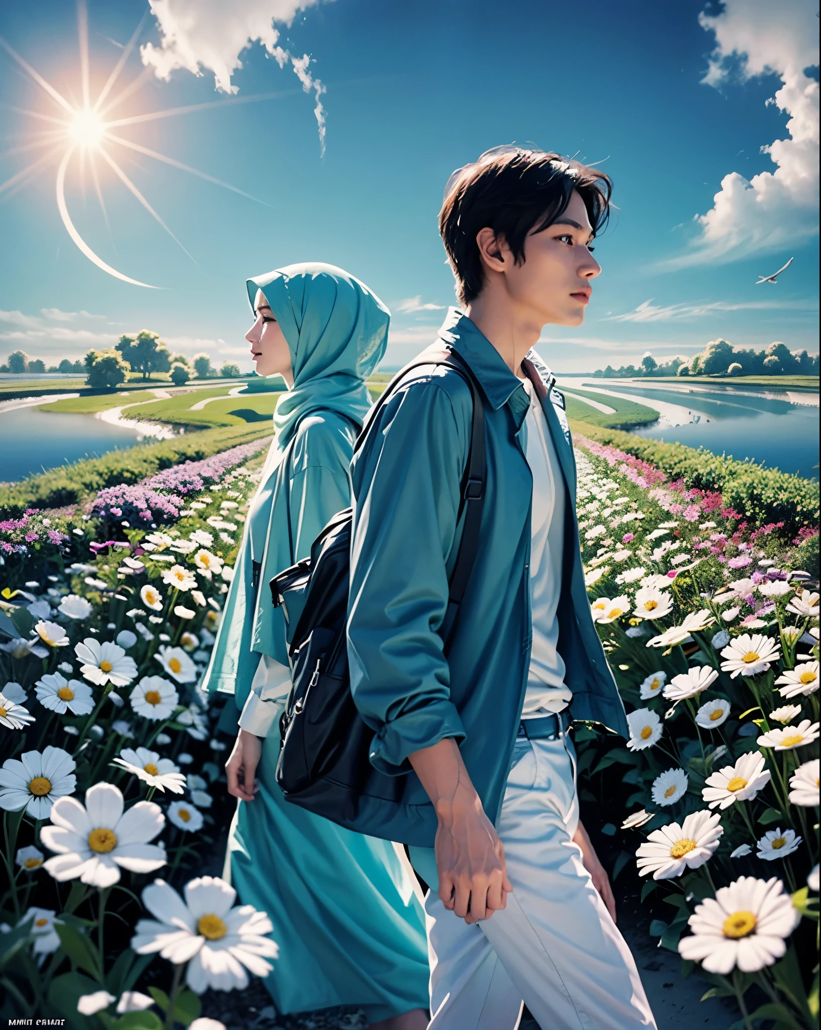 there is a poster of a man and a hijab woman walking through a field of flowers from far angle , . digital art, by Marshall Arisman, cover illustration, , book cover illustration, by Brigette Barrager, album cover, novel cover art for a book, art concept for a book cover, cover art, official fanart, romance book cover style, by Ayami Kojima, mazarineee, album art, album cover!, aquamarine, the album is called tripmachine, detailed fanart, detailed photo of an album cover