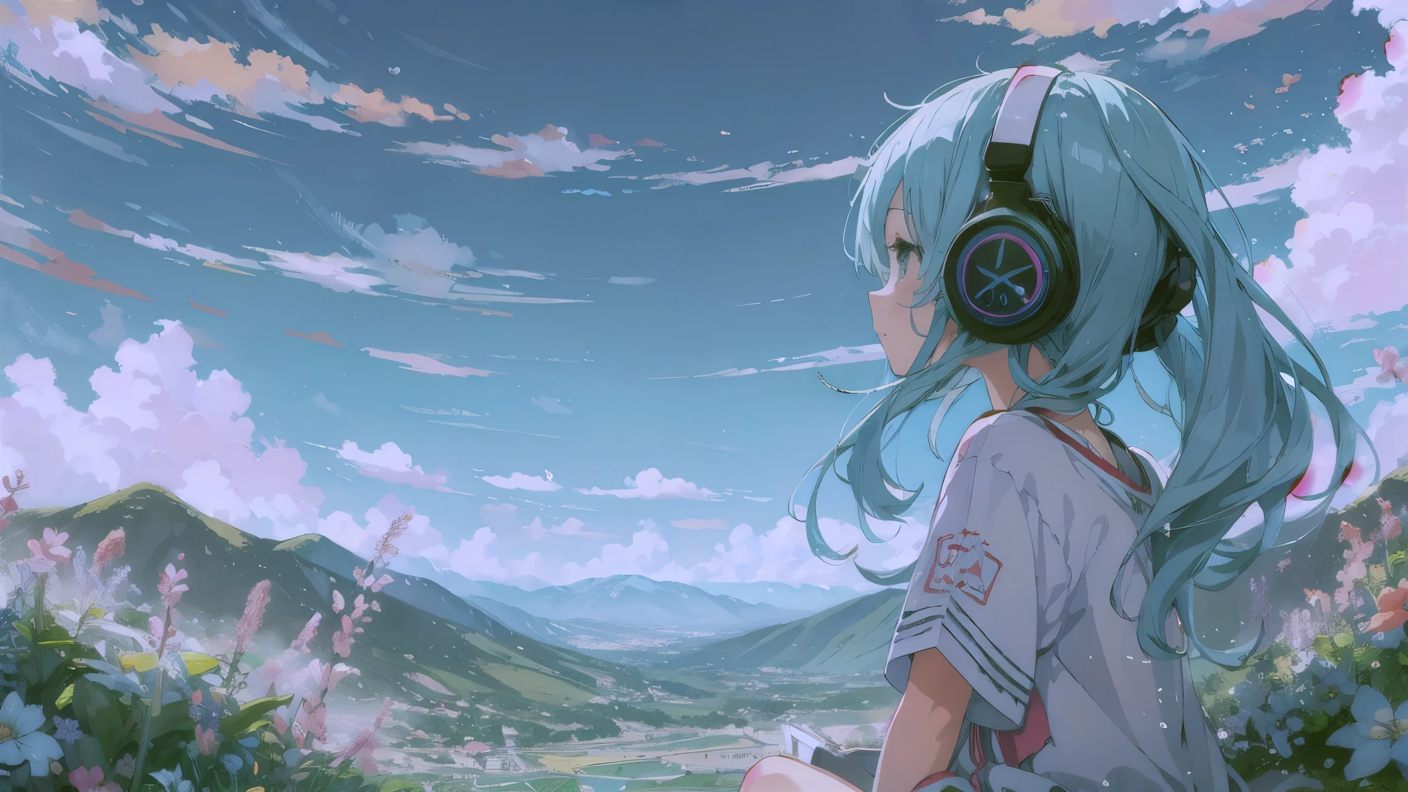 Spectacular view、A woman sits in the center of a hill with a blue sky the plants sway blue hair、、A starry sky fills the entire screen.、女の子のback view。woman is wearing headphones 4k, sad,、Bowater's art style、beautiful digital illustrations、beautiful character painting、Stunning Anime Face Portrait Mikudayo, official artwork, lofi girl, praise art style,, halfbeak, anime atmosphere, Anime style mixed with Fujifilm, digital anime illustration, anime wallpaper 4k Girl with headphones Blue haired woman put on headphones; high resolution high quality beautiful realistic sky The sky is the main back view back view The scenery is the main thing The scenery is the main thing Emotional lofi old camera film