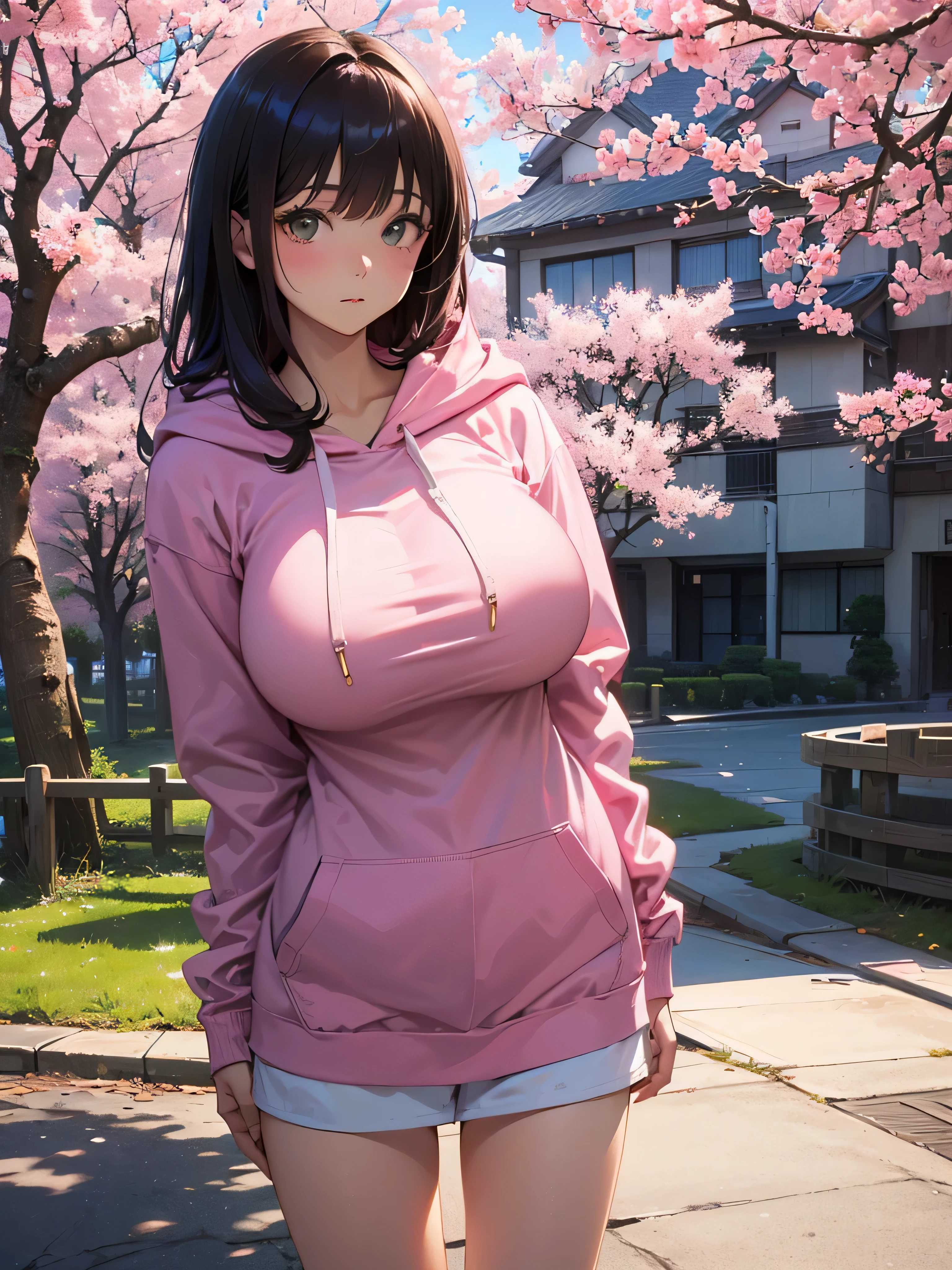 Zaid G, 1 girl, fine skin, looking at the viewer, brown eyes, (long hair with bangs:1.2), (big breasts:1.6), (golden ratio face:1.2)、(realistic:1.4), (highest quality:1.0), (ultra high resolution:1.0), 8K, Raw photo, (masterpiece:0.2), arafed woman in a pink hoodie standing in front of a tree, wearing a pastel pink hoodie, wearing a pink hoodie, girl wearing hoodie, light pink, wearing a hoodie and flowers, wearing hoodie, green々cherry blossoms, black haired girl wearing hoodie, wearing an oversized hoodie, hoodie, wearing a hoodie, sakura bloomimg, japanese girl, sakura season, pastel pink、(wearing a hood:1.4)、(草原の丘にある大きなcherry blossomsの木、SakuraFubuki、green空:1.6)、(乳首はhoodieか髪の毛で隠れている:1.5)、(Stand up straight and don&#39;Doesn&#39;t move、lower your arms straight down、Looking at the front:1.5)