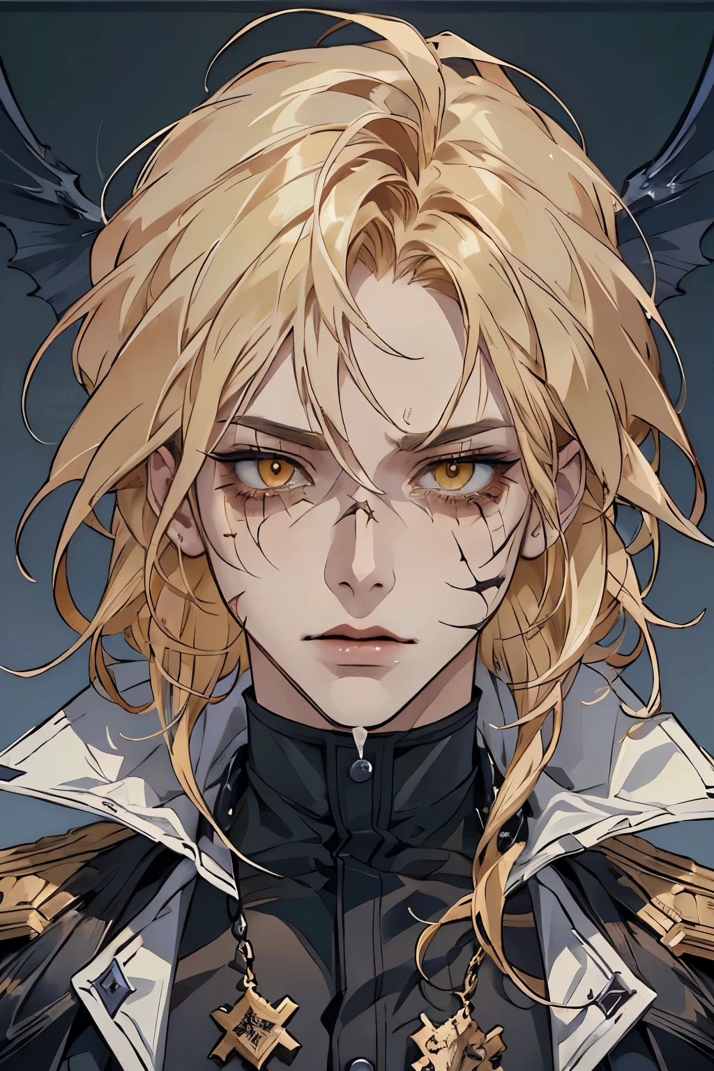 There is a man with blond hair, looking at the viewer, staring, his face is one of anger and suffering, injustice, tears coming out of his eyes, revenge, inspired by the tales of Lucifer looking at God after being banished from heaven, concept art, character, blonde hair, yellow eyes, young male, , inspired by The Fallen Angel ((The Crying Lucifer Painting)), ((greater male detail on the face)), ((best representation of anger in his eyes)), ((scar on nose)),,