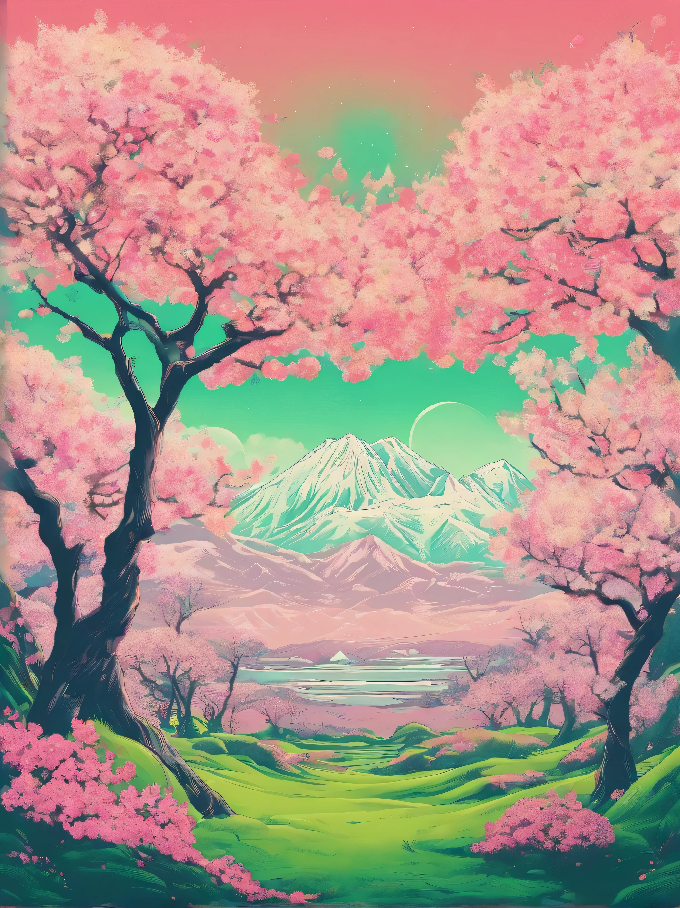 Cherry blossom tree, green grass, snow capped mountains in the background, very detailed, pastel colors