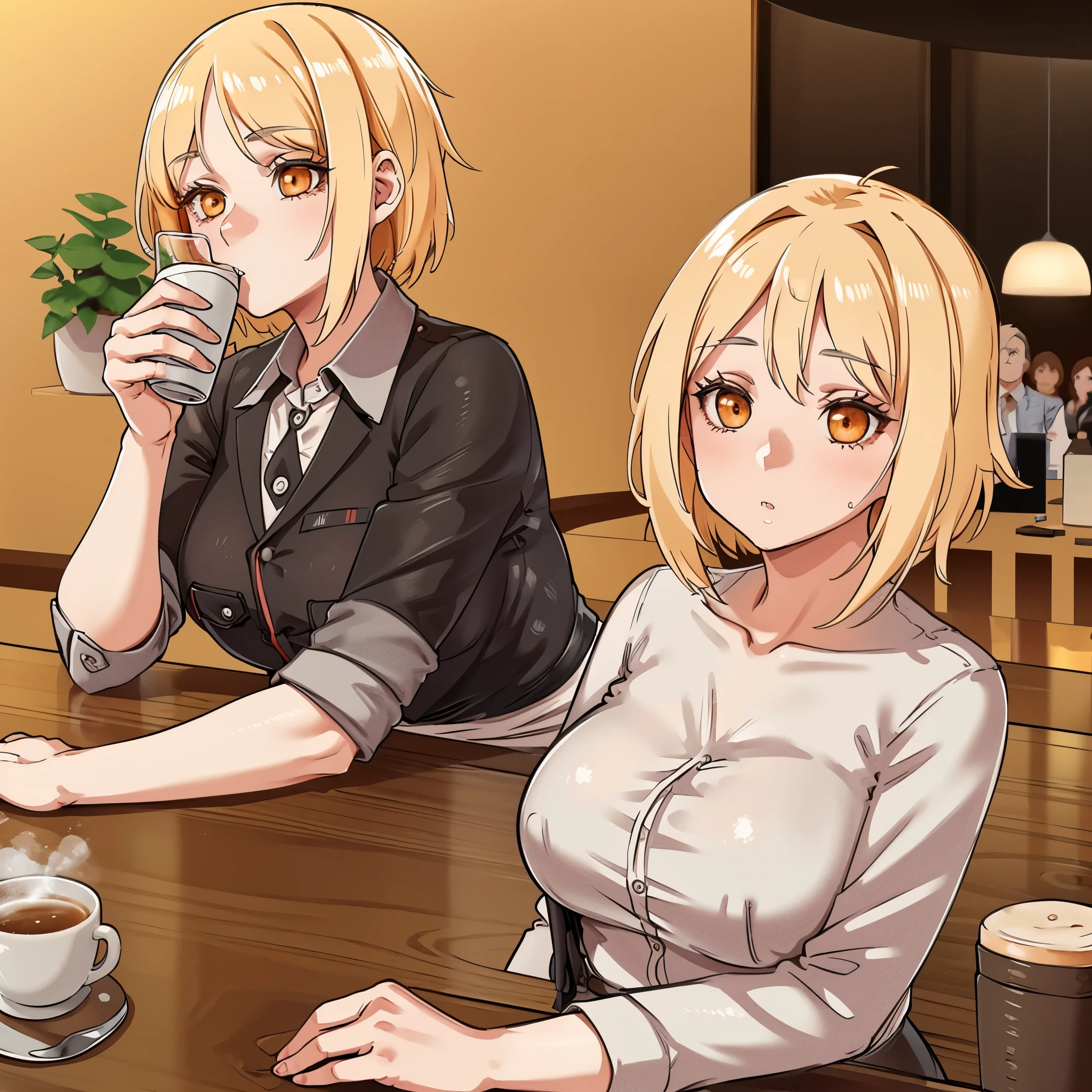 A girl in a cafe, drinking a cup of coffee, wearing casual clothes, short blonde hair, orange eyes, ultra resolution, perfect quality, well detailed, 8K hd
