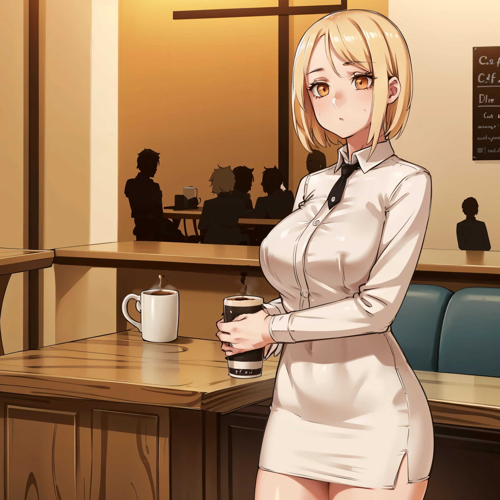 A girl in a cafe, drinking a cup of coffee, wearing casual clothes, short blonde hair, orange eyes, ultra resolution, perfect quality, well detailed, 8K hd
