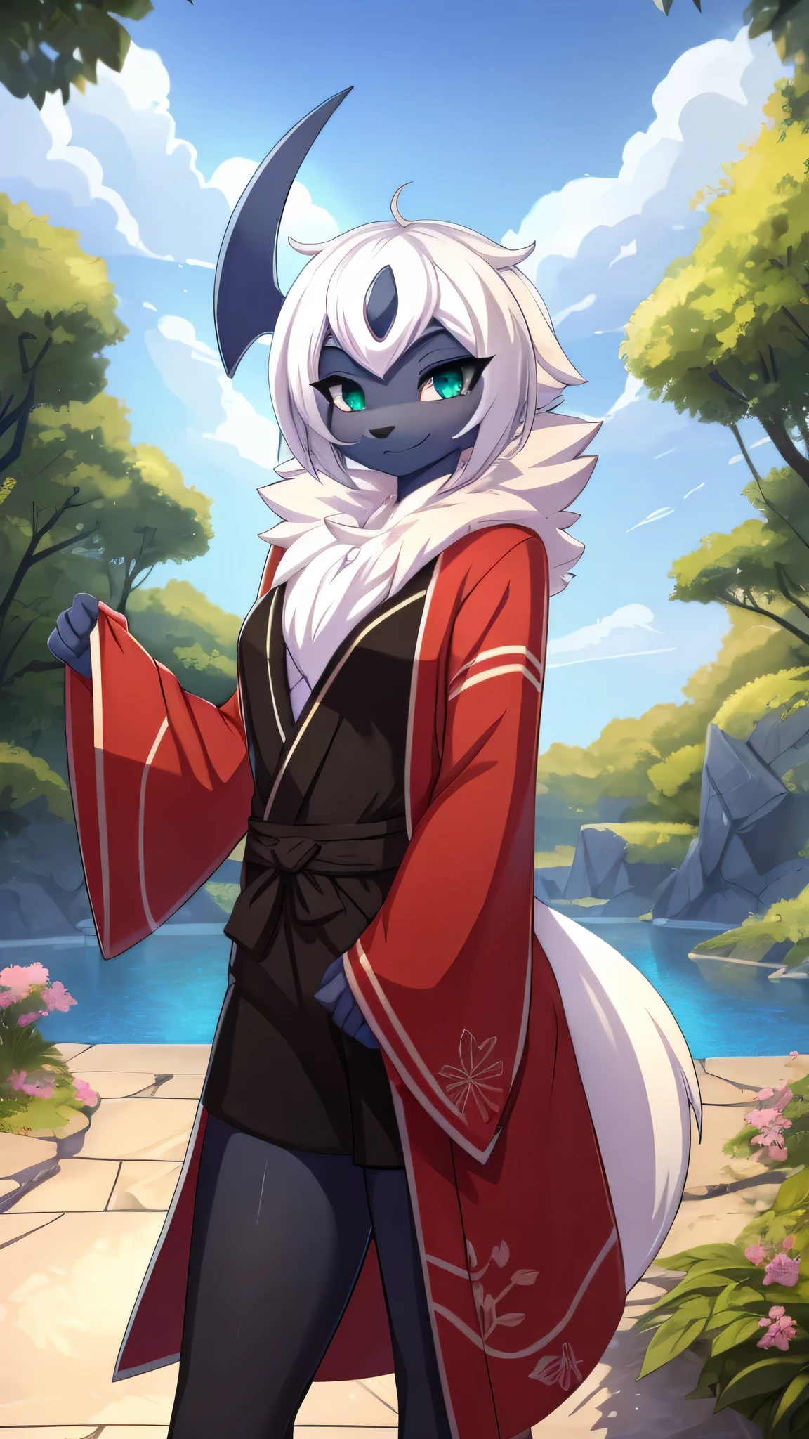 By zinfyuu on pixiv,by twistedscarlet60, uploaded on pixiv, by fluff-kevlar, (masterpiece), (best quality), (anthro furry:1.3, snout:1.2, anthro:1.3, furry:1.2, solo female:1.2), (extremely detailed:1.3), (Detailed eye part: White lens, green iris,black cornea), absol, sfw,view on viewer, Slim body, sweet smile, at japan pallace, wear kimono suit