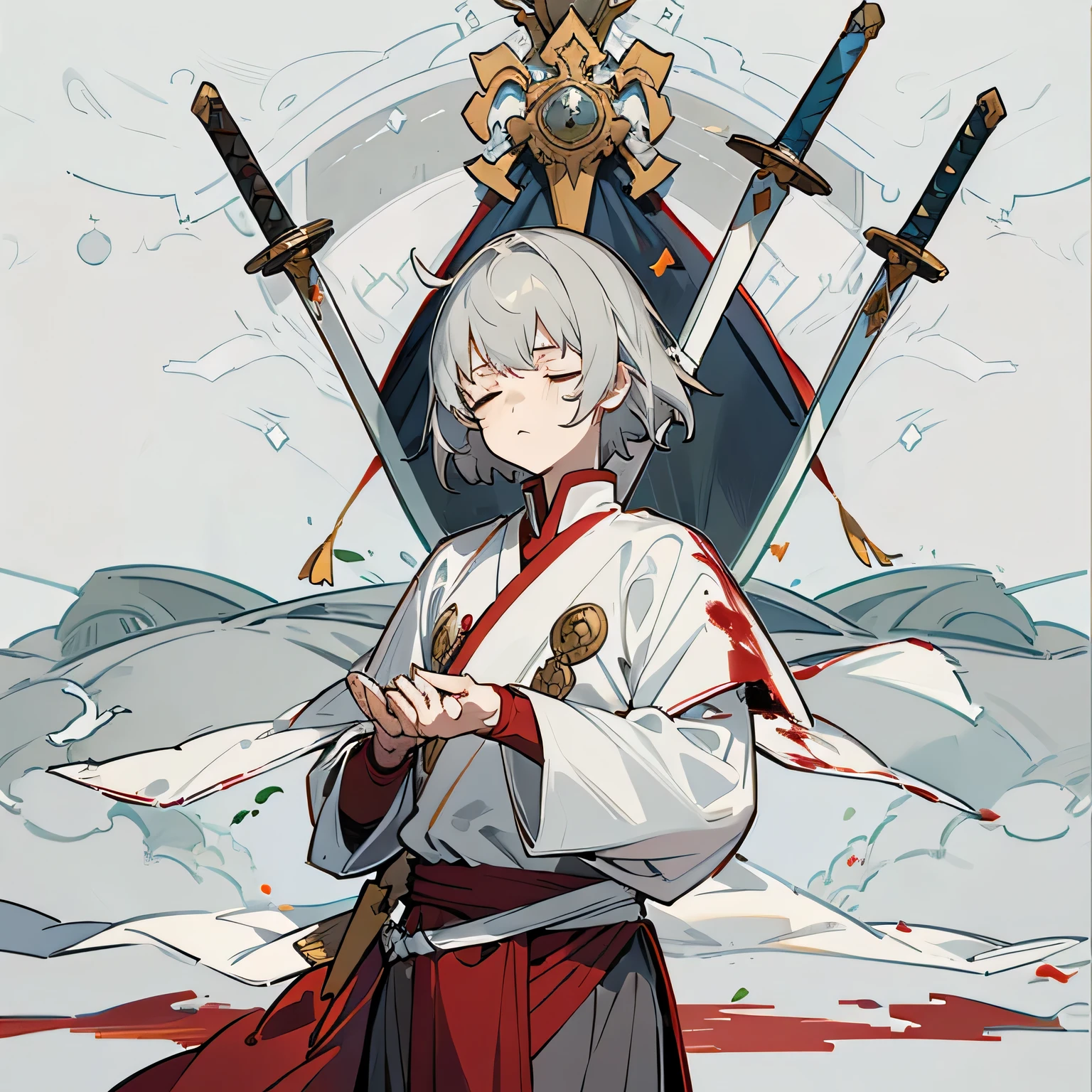 juvenile,holding sword,stand on the battlefield,Close your eyes and meditate,Lime soil,pale background,bloody clothes,,Serious,sad