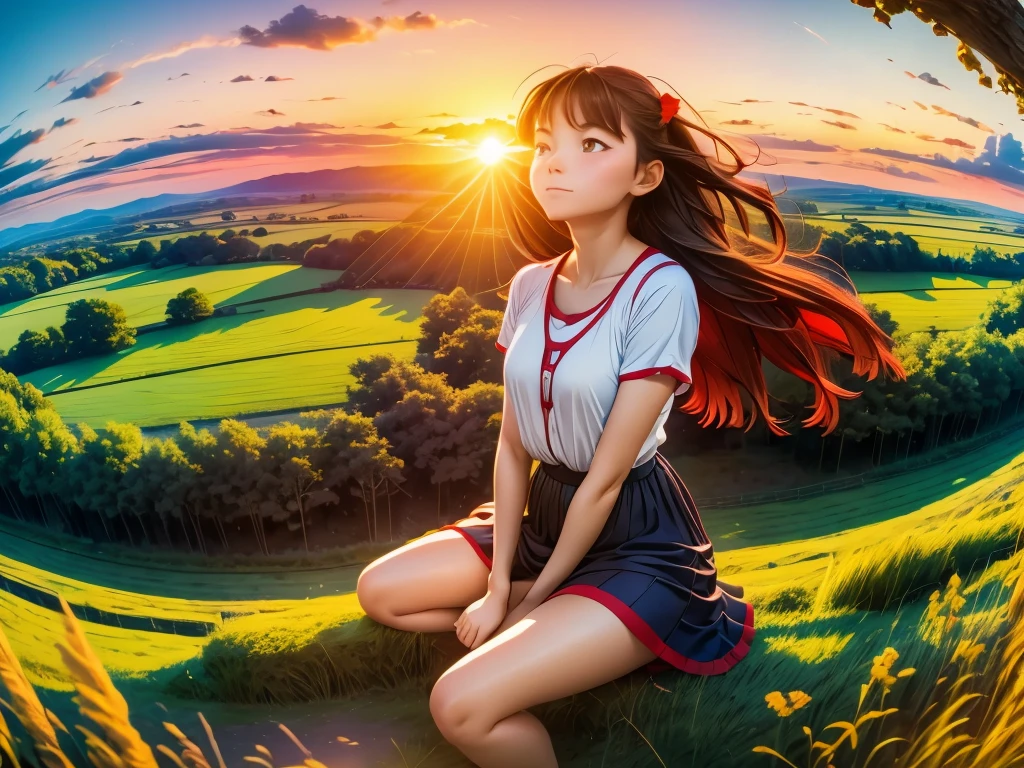 Ultra Wide Angle, beautiful countryside landscape, crows and red dragonflies flying, red sunset sky, girl sitting, shot with fisheye lens