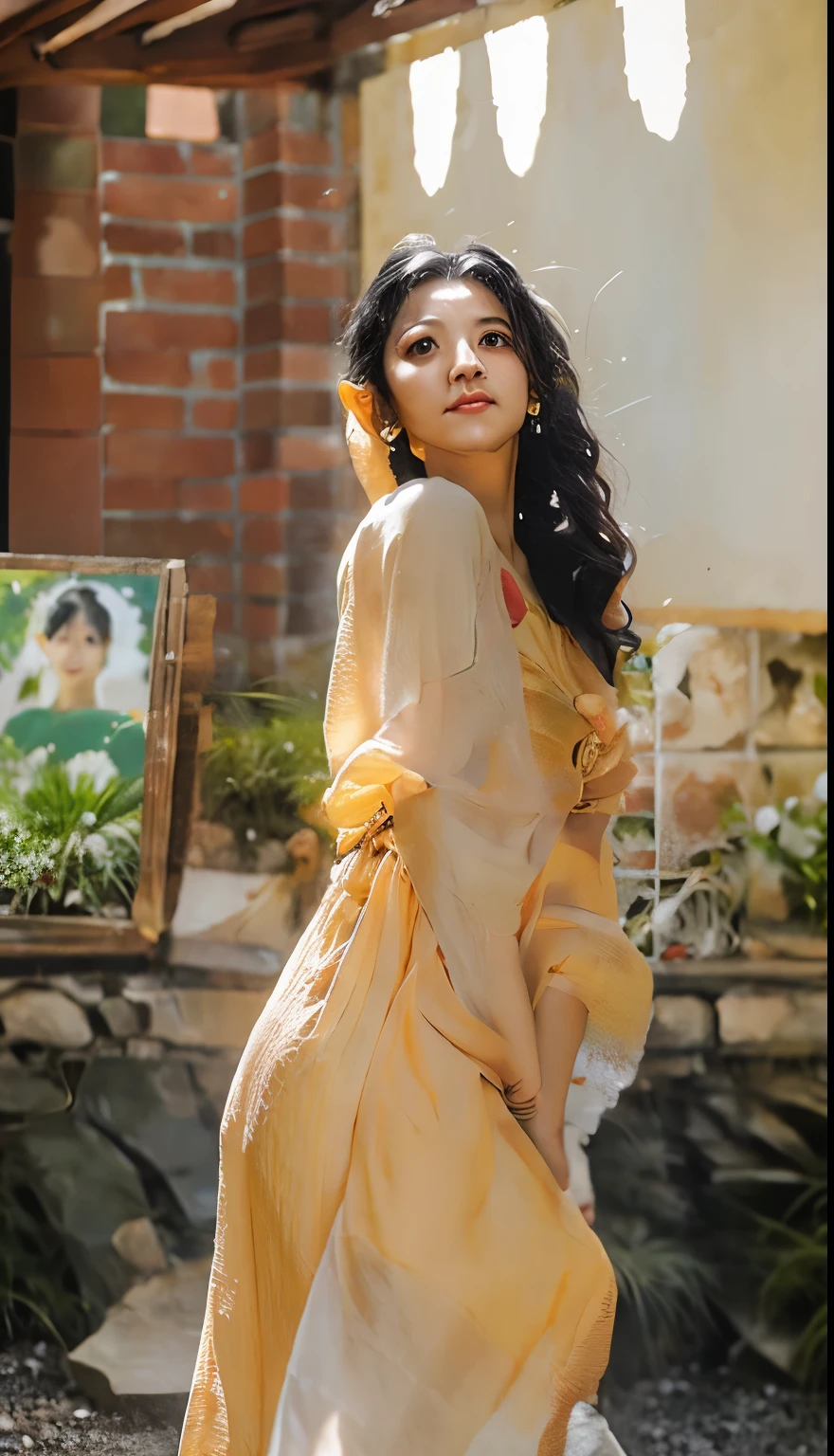 Manga-style elf goddess in a yellow dress in front of a wall, pose frontal, foto de corpo inteiro, foto alta qualidade, uma deusa elfica em um jardim, uma  muito bonita com coroa e vestido glorioso de rainha