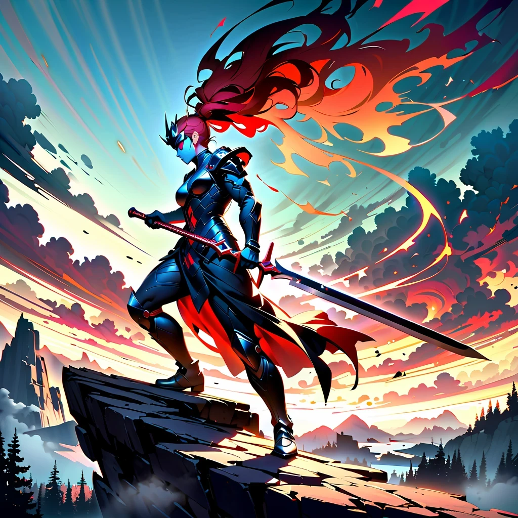 inspired by comics, warrior, historical fantasy, brave personality, customary clothing, Well designed and sharp blade, firm eyes,firm eyes, animated gesture, theater lighting, Brilliant color combinations, Enhance contrast, majestic landscape background, foggy environment, Full of activity, Vibrant artistry, traditional oil painting look, Superior resolution, Highly detailed features, Expert craftsmanship.