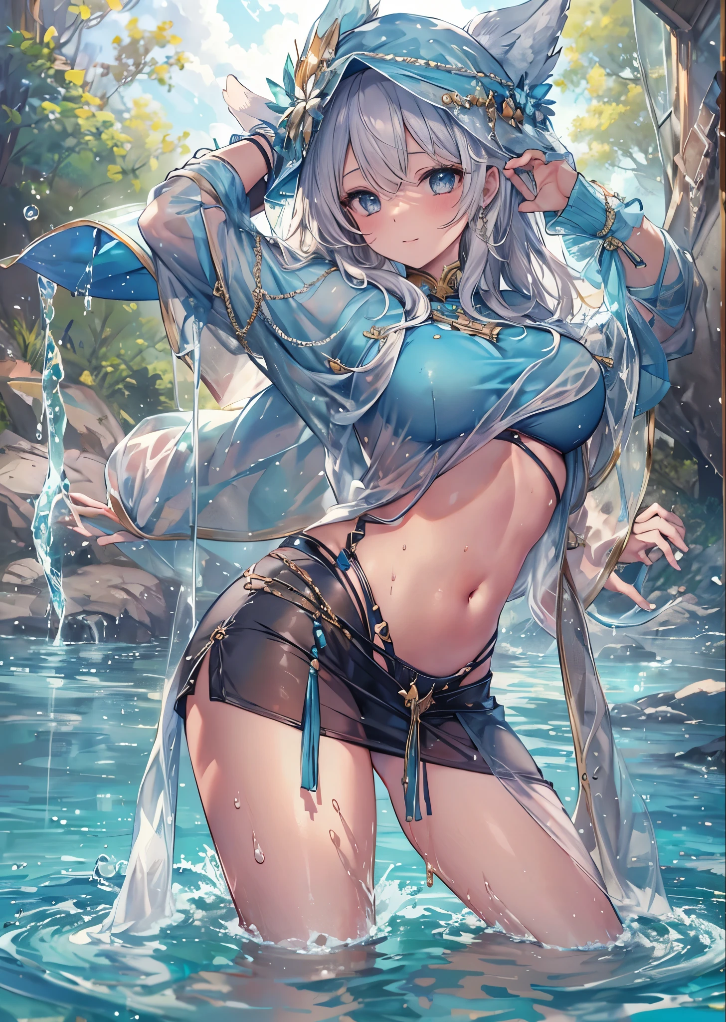 Highest quality　Neutral face　woman　I have long hair。　Odd Eye　One person　Gray Hair　Sakuya Izayoi　beautiful girl　Cat ear　naked　ejaculation　Masturbation　ＳＥＸ　Swimwear