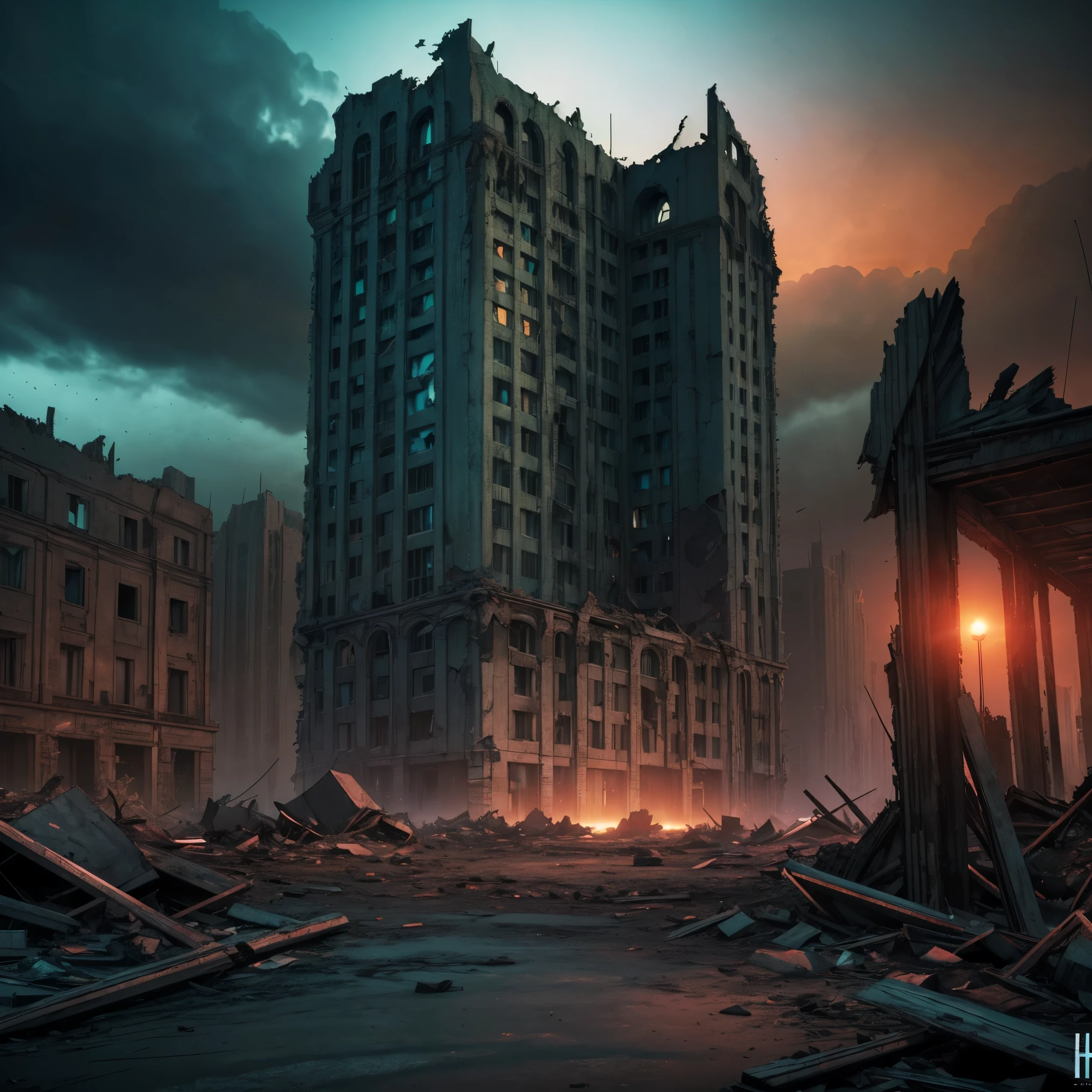 end of the world, epic realistic, ((((hdr)))), ((((muted colors)))), apocalypse, (ruined city:1.1), abandoned, neutral colors, night, screen space refractions, (intricate details), ((intricate details, hyperdetailed)), artstation, cinematic shot, vignette, complex background, [[teal and orange]], technicolor, flipped over building