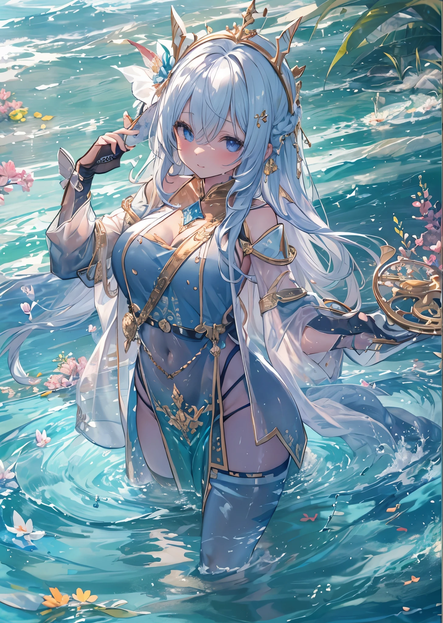 fantasy, 1lake_elemental_girl,(right_skin:0.9), (using_water_clothes:1.1), water,(wet:1.2),see-through_clothes_covered_breasts, see-through_clothes_covered_pussy,covered_nipples,(soft_large_tits:1.1), walking, smile,half_eyes, sleepy, medium_up_style_hair, navel oil, (water_around_torso:1.1), pondside_background, gold_headgear, aquablue_cloak, spread_arms, large_staff, slender_thighhighs,solo,(pelvic_curtain:1.2), tabard,(plump:0.7),cowboyshot,(open_legs:1.4),pussy,splash