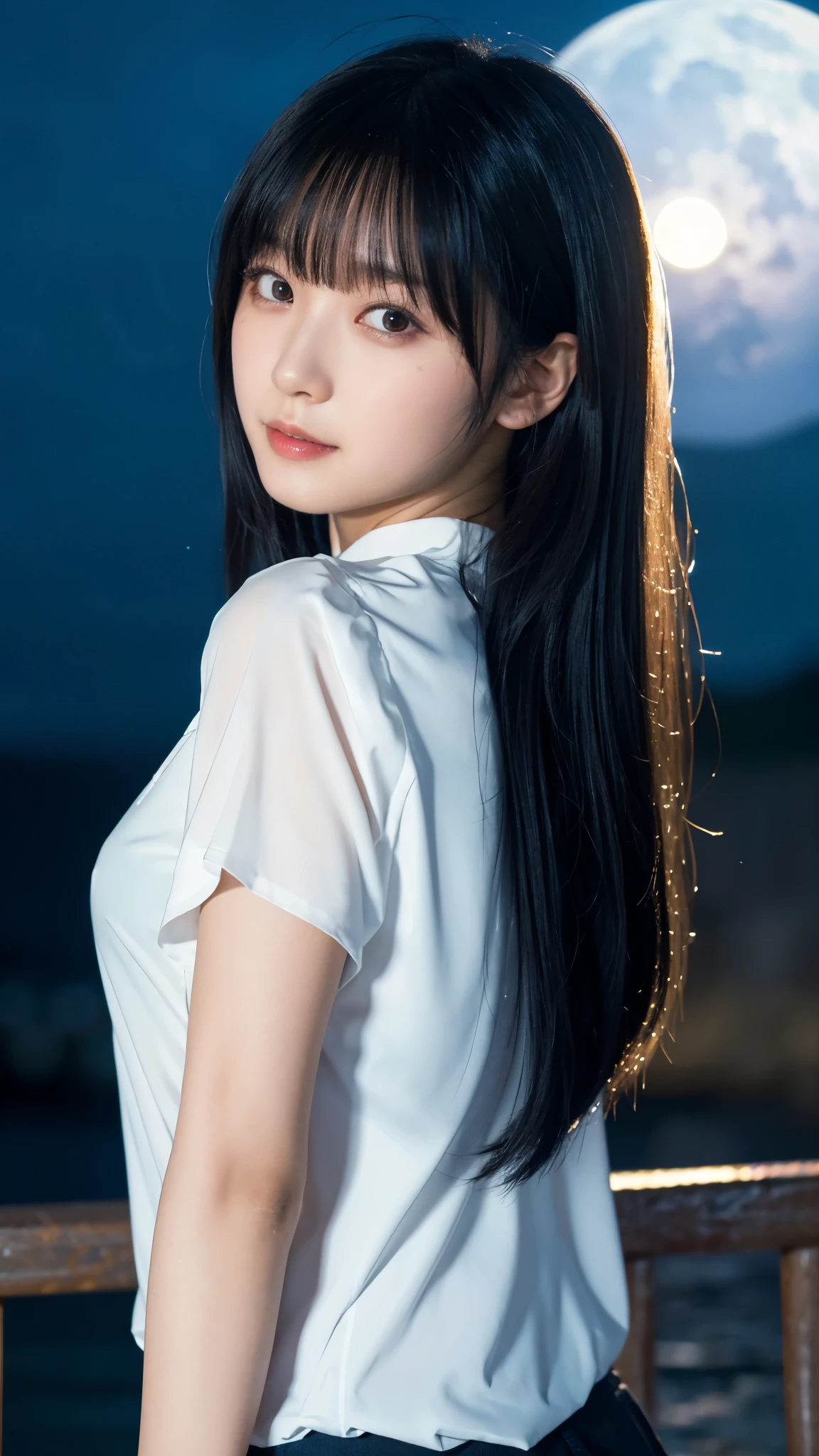 (highest quality,masterpiece:1.3,ultra high resolution),(Super detailed,caustics,8k),(photorealistic:1.4,RAW shooting),(night),(night空),(starry sky),(full moon),(beach),(full moonを見上げる女の子1人),Are standing,20-year-old,cute,Japanese,black long hair,strong wind,(hair blowing in the wind),(white blouse),Natural light,moonlight,(side shot),(bust up shot),(low position),(Low - Angle)