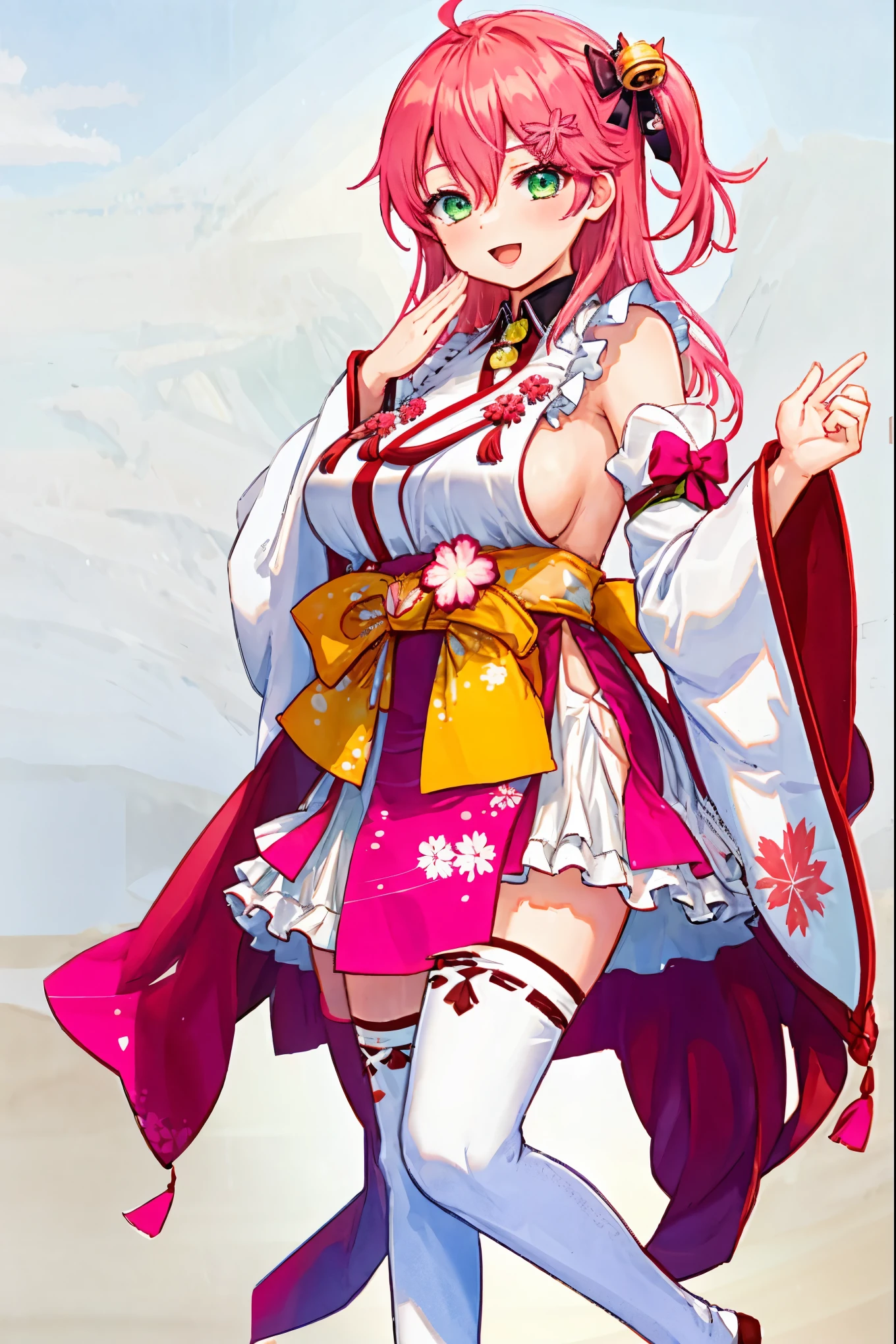 masterpiece, best quality, highres, miko1, sakura_miko, 1girl, green eyes, solo, ahoge, x_hair_ornament, pink_hair, floral print, hairclip,side_less_clothes, (sideboobs:1.4), hair_bell, floral print, long_hair, hair between eyes, one side up, white thighhighs, asymmetrical legwear, wide sleeves, open_mouth,happy,close_eyes, smile,jumping,rising_leg,plump,apart_legs,(overly_long_sleeves:1.1),(beautiful_fingers),sleeves_past_wrists,hands_hidden_sleeves,Japanese_park_background,