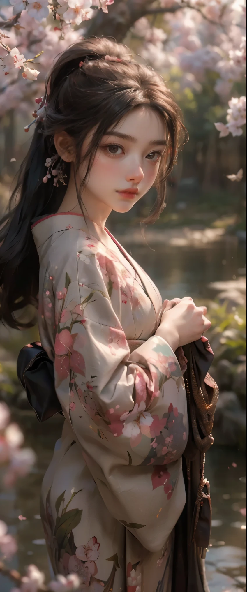 ((masterpiece, highest quality, best image quality, High resolution, realistic, Raw photo, 8K)), hummingbird, kimono、tears、whole body、face forward、The background is cherry blossoms