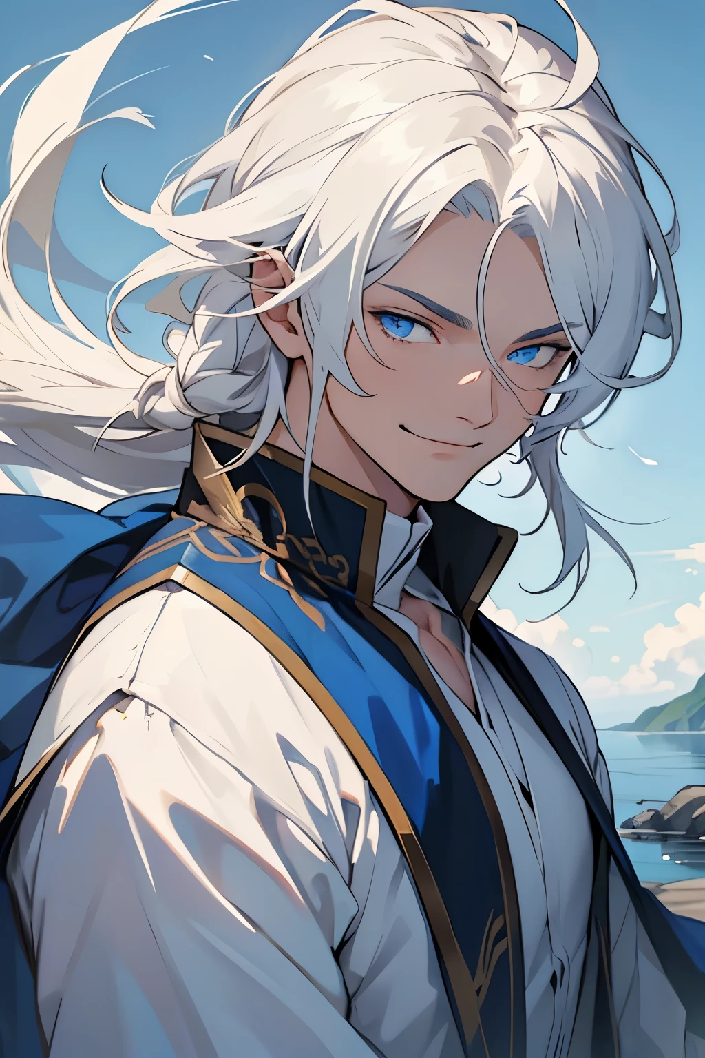 ((master part)),(best quality), mature male, long white hair, master of wind and thunder, blue eyes, beautiful, splendid, serene expression, calm expression, happy smile