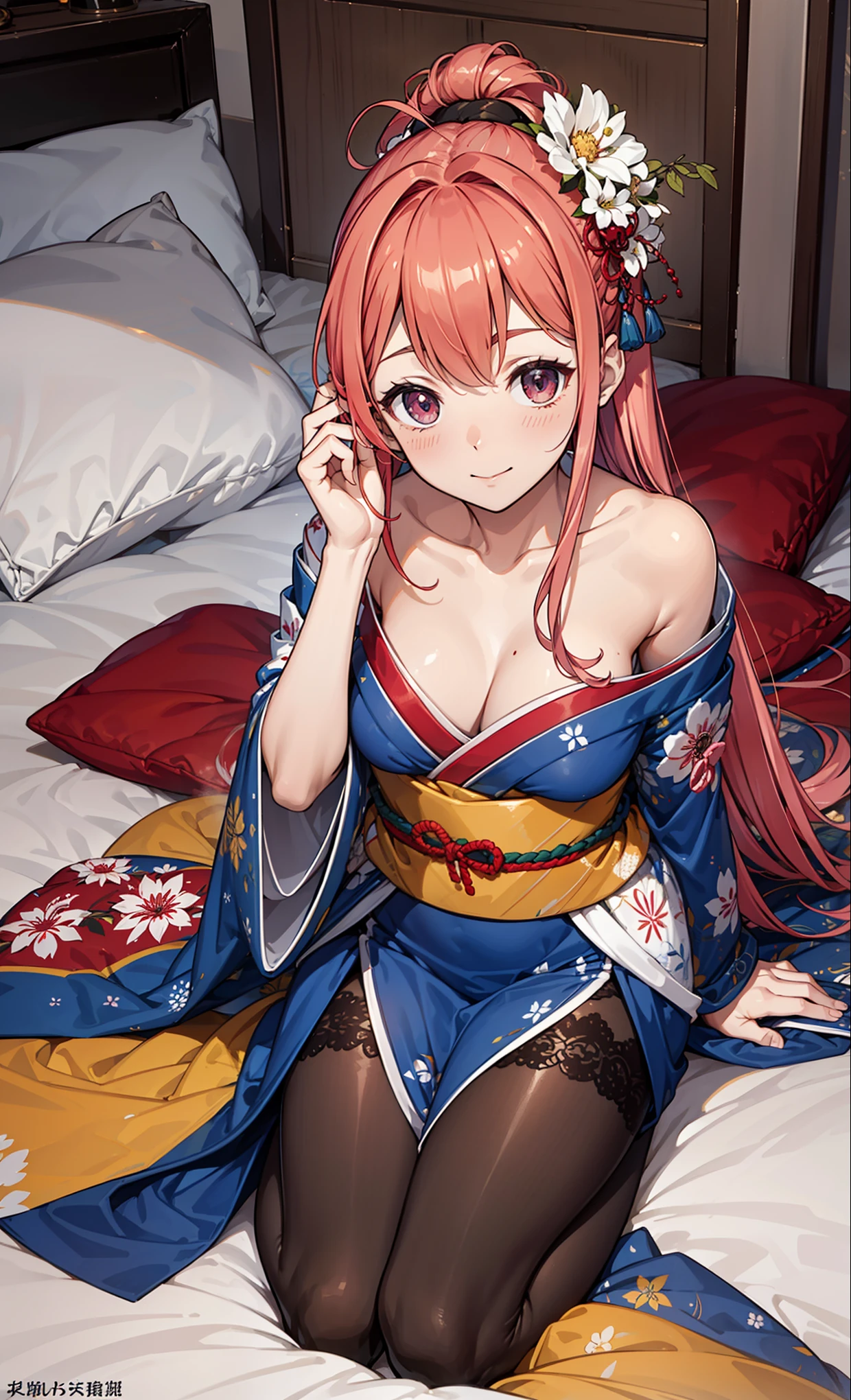 {Best Quality}, {very aesthetic}, {Ultra-detailed}, {Best Illustration}, one girls, japanese kimono, Kimono with butterfly pattern, nsfw, tits out, {nude}, Lots of love juice, Pussy, Spread legs, Pink hair, Sexual intercourse between men and women