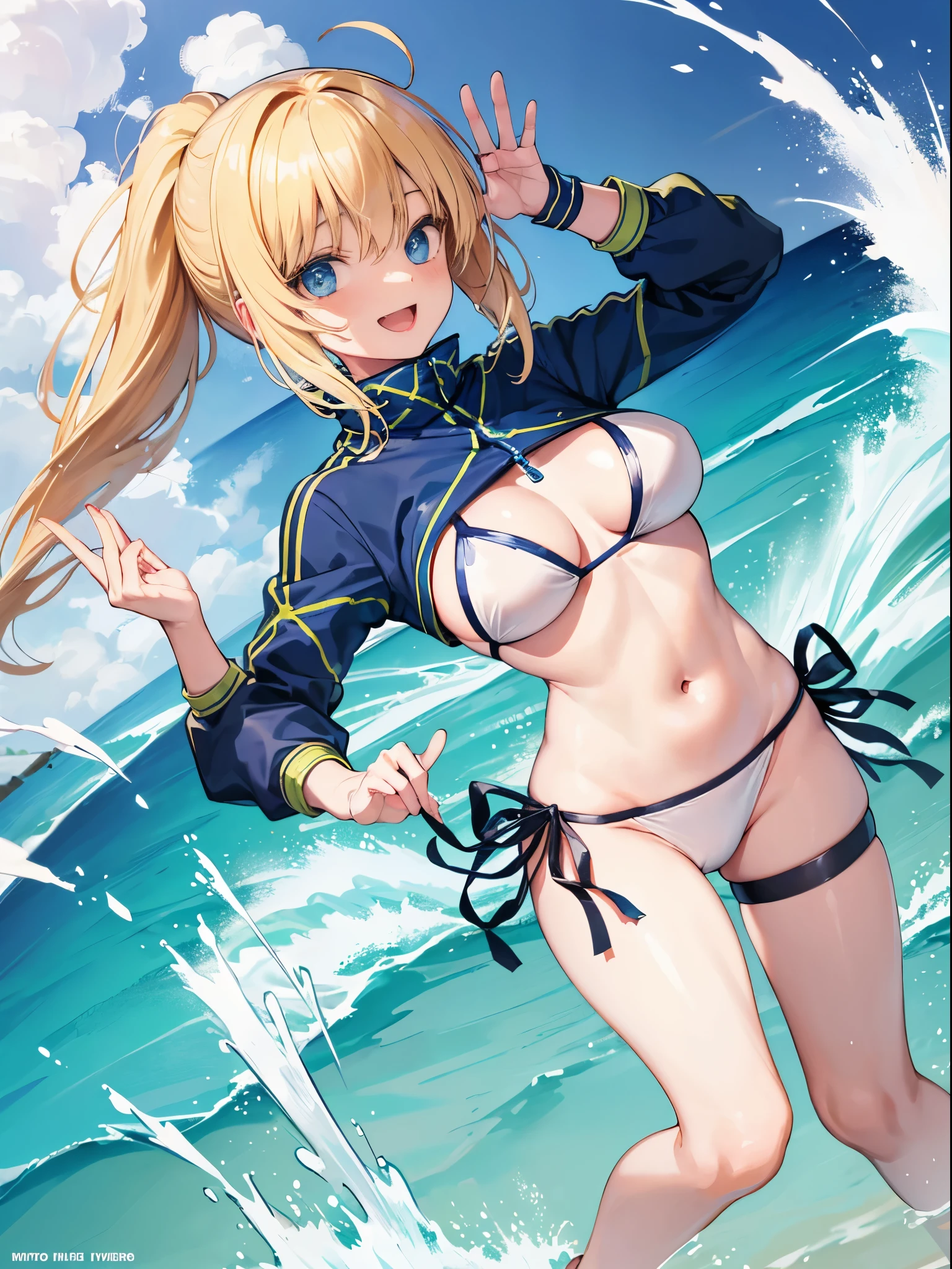 masterpiece,(ultra-detailed),1girl, mysterious heroine xx \(fate\), half_eyes,smile,open mouth, swimsuit, white bikini, side-tie bikini bottom, shrug \(clothing\), jacket,  thigh strap, wristband,  large_breasts, ocean, splashing,blonde_ponytail,open_legs,cap,happiness,