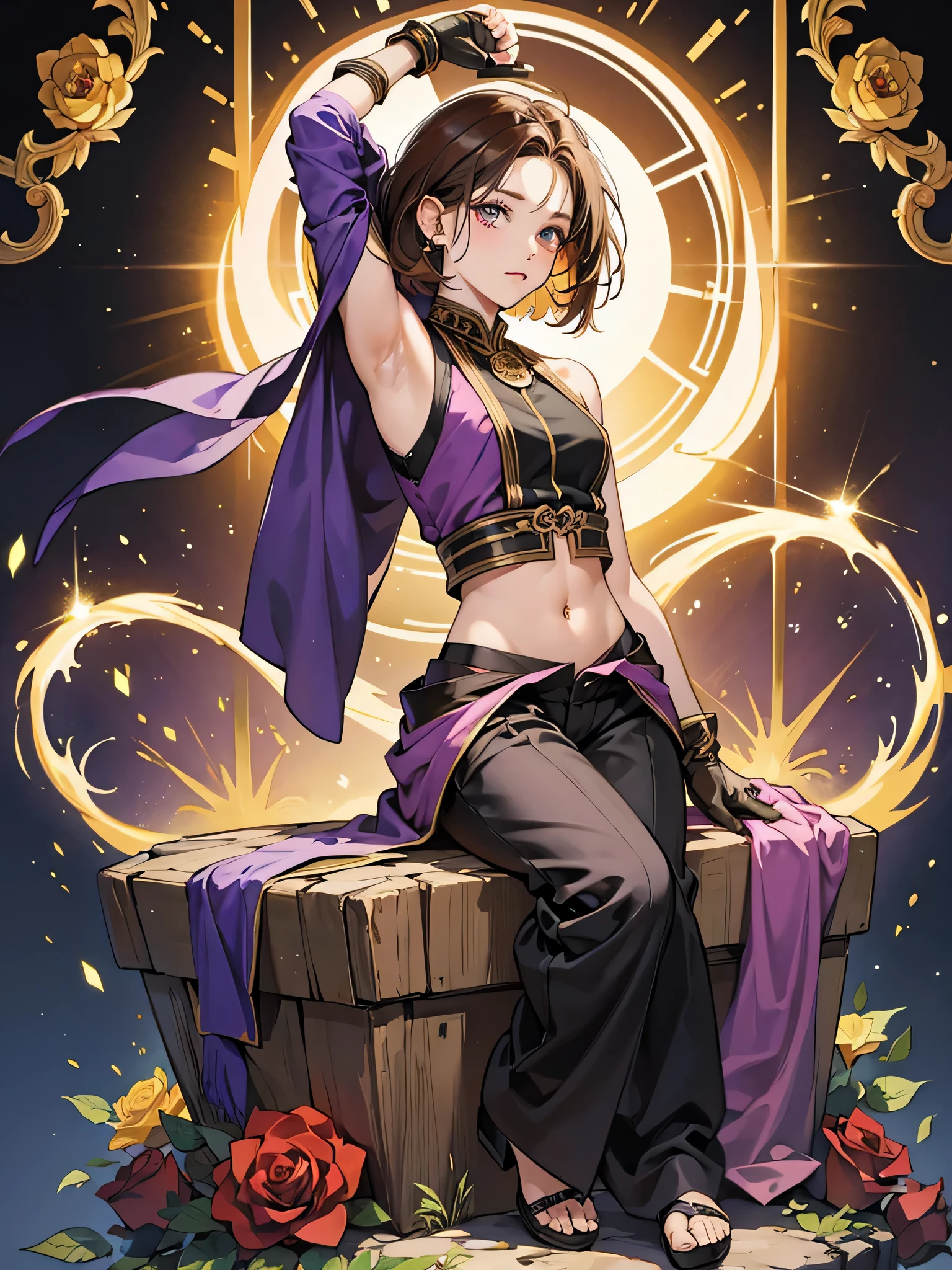 8k, masterpiece, best quality, highly detailed, 1girl, halfling, monk, multicolored hair, brown hair, short hair, strippled hair, , mole, glowing golden eyes, glamorous, black sleeveless shirt, roses, purple baggy pants, navel piercing, streching pose, full body view, dress decorate with rose, sitting, , looking at viewer, padded gloves.