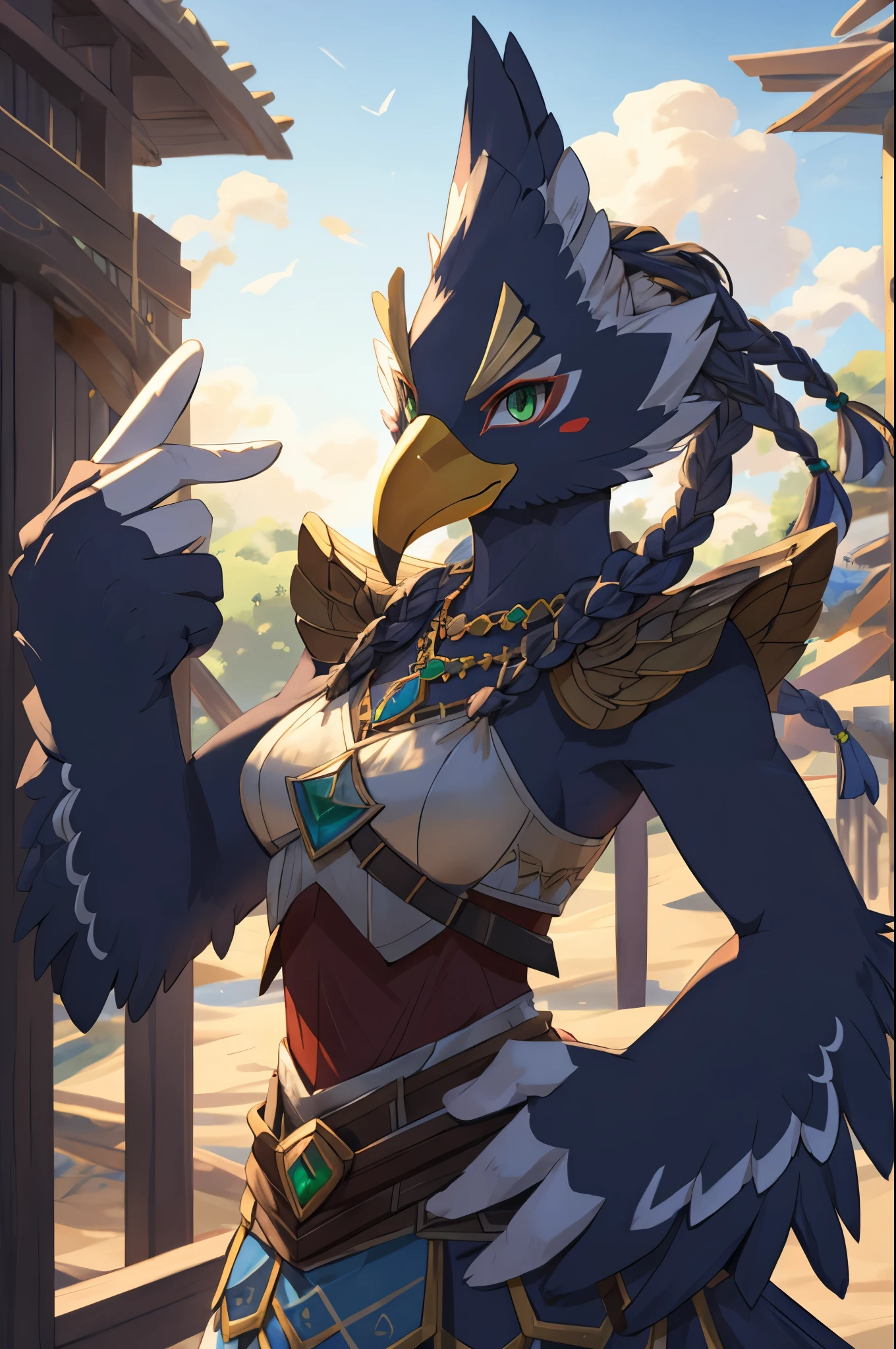 revali, avian, bird, rito, winged arms, black body, black feathers, beak, armor, clothed, safe, jewelry, front view, feathered tail, braided hair, hair jewelry,green eyes,female_focus