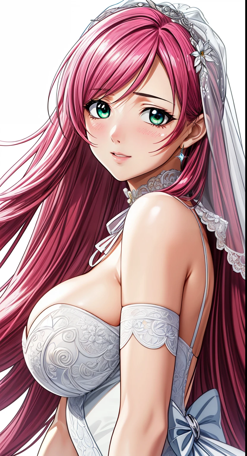 green eyes, (pure white background:1.4),(highest quality, masterpiece painting:1.3), woman, 26 years old, whole body,(No decoration on the neck:1.2)(beautiful neck:1.2),(from head to toe),looking at the camera, (From the side), masterpiece, ultra high resolution, (Photoreal:1.0), bright pink hair,straight long hair, beautiful shining hair, white and shining skin, ((Ultra realistic details)), octane rendering, highly detailed face, (big br(gorgeous white wedding dress,white Wedding veil,delicate decoration:1.2), open neckline, cleavage, perfectoft skin, anime face, perfect face, perfect eyes, looking at the viewer, smart,, Lots of flowers at my feet, outdoors,sharp focus, intricate details, professional artwork, (bright colors:1.1), bright colors, diffused lighting, digital blending, ultra-definition body, ultra detail hair, super detailed face, It's trending on pixiv,perfect lips, perfect compensate, Ultra-precision coating, (light_smile:0.8), (Very embarrassed:1.2),A glossy look,