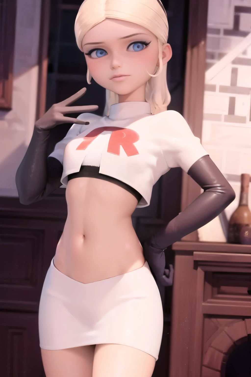 (8k, RAW photo, best quality, masterpiece:1.2), (intricate details), highres, perfect eyes, perfect face, perfect lighting, beautiful, (masterpiece:1.2), (best quality:1.2), 1girl, solo, chloe, blue eyes, blonde, team rocket,team rocket uniform, red letter R, white skirt,white crop top,black thigh-highs,black elbow gloves