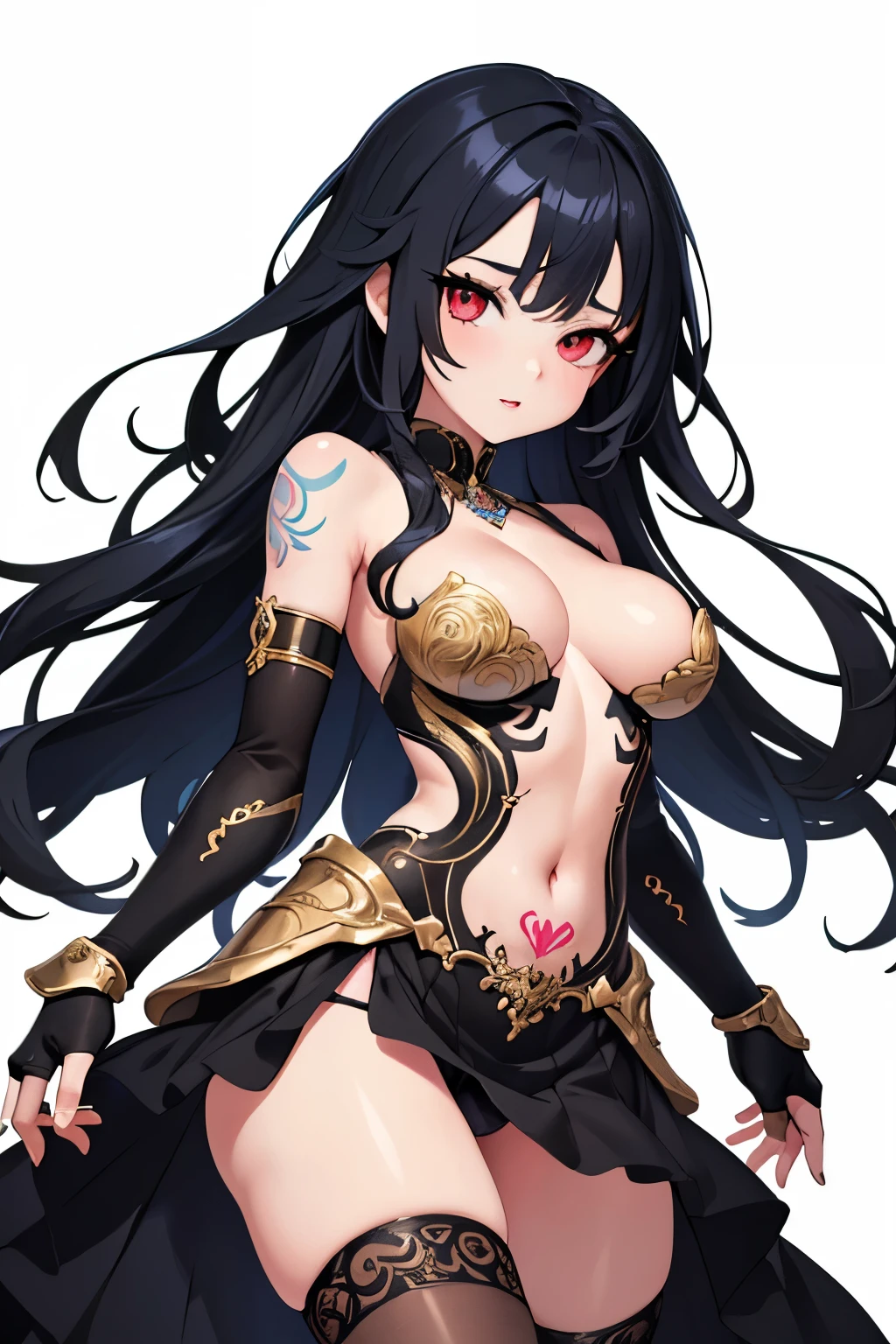 1girl, anime, cute girl, blank background, white background, fantasy, detailed fantasy dress with highlights, beautiful face, beautiful eyes, dark colors, black hair with multicolor streaks, red eye with different color pupil in eye, multicolor eye, medium small breasts (slightly big), slight cleavage, beautiful skin, cute, breast curtains, extremely delicate and beautiful, (beautiful detailed face:1.0), (detailed deep eyes), symmetrical breasts, deep eyes, shiny skin, portrait, slender waist, hips wider than shoulders, thighs, expressionless, young girl, luminous eyes, adorable，（Kpop idol）,（aegyo sal：1），（Platinum blonde hair：1），（（puffy eye）），Black panty，sexy posture，Superskirt, ultra high resolution，Black collar，slim figure, Abdominal y tattoo, womb tattoo，Tight-fitting leg ring，y tattoo on half-body，Bare skin, Armored hand，Hidden fingertips，Hand covered，Arm covered，Fist covered,{{beautiful detailed fingers}}, tufts of hair, moderate beautiful breast:1.0,(masterpiece:1.2), best quality, high-res, HDR, perfect face, intricate armor, delicate blue filigree, intricate filigree, red metalic parts, detailed part, dynamic pose, dynamic lights,