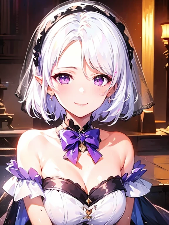 (Best quality), (black lace headveil),(((the Greatest masterpiece,))) (ultra detailed illustration),(shot dynamic angles,)(one grand piano for background),(dynamic lighting),(blooming), (reality: 0.7), solo,1 girl,watery eyes,reflected eyes,eyes shadow,growing eyes,light purple eyes,((one purple bow tie,)) (white off-the-shoulder shirt: 0.6),pointy_ears,((4k)),from the azur lane videogame,purple eyes, white dress, white haired deity,floating hair,((elegant and conservative cloth)),seductive smile