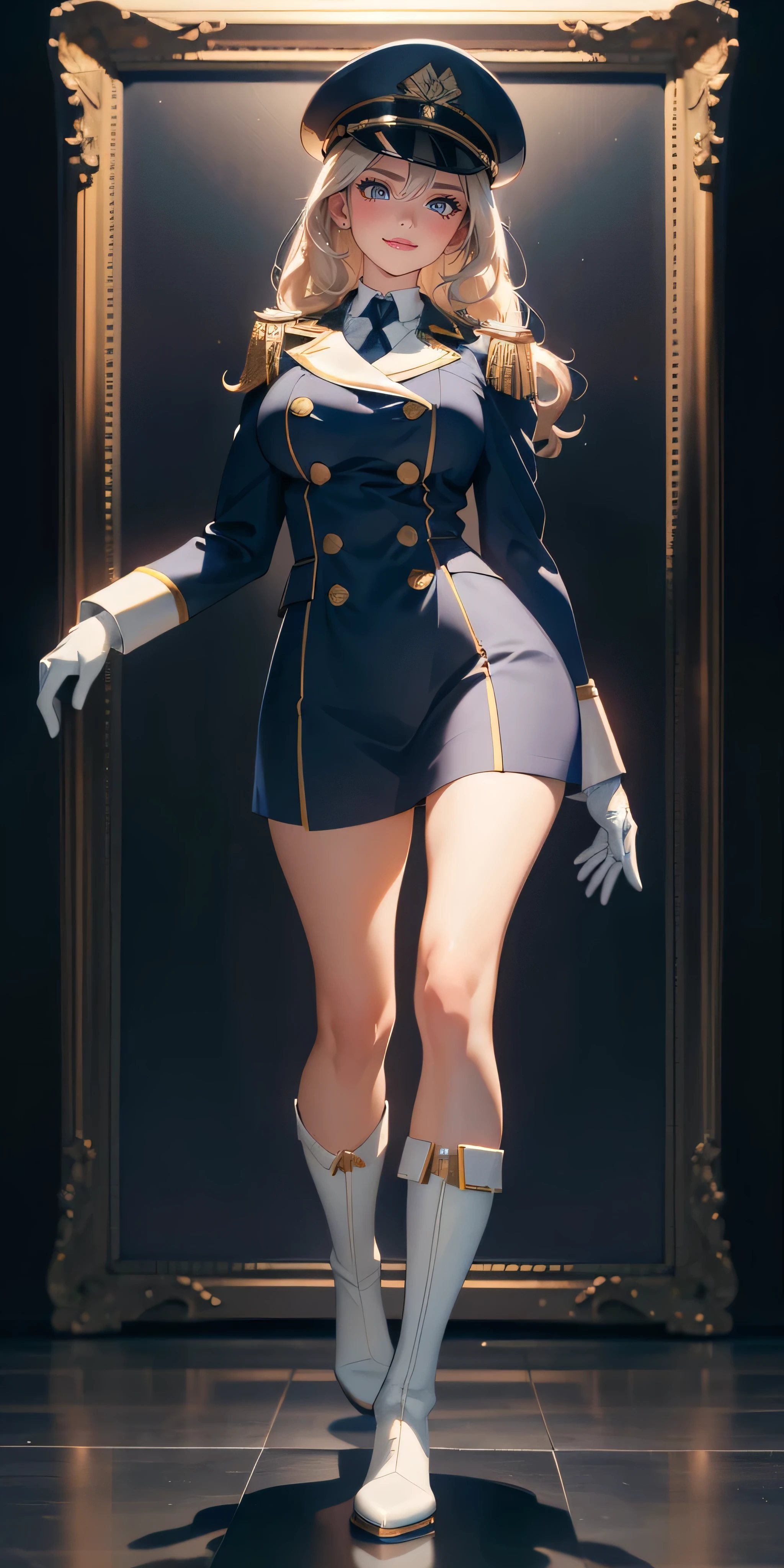 (masterpiece, best quality, realistically, Work, super detailed, 8K), ((Wide-angle lens, Full body female love)), 1 girl，Light makeup，Exquisite facial features，Smile，blush,  plump breasts, Two-breasted buttons, navy uniform，White military cap, White gloves, white boots, curls，front standing posture ，facing the audience，full body portrait, 8k wallpaper, masterpiece, best quality, super detailed, best lighting, best shade