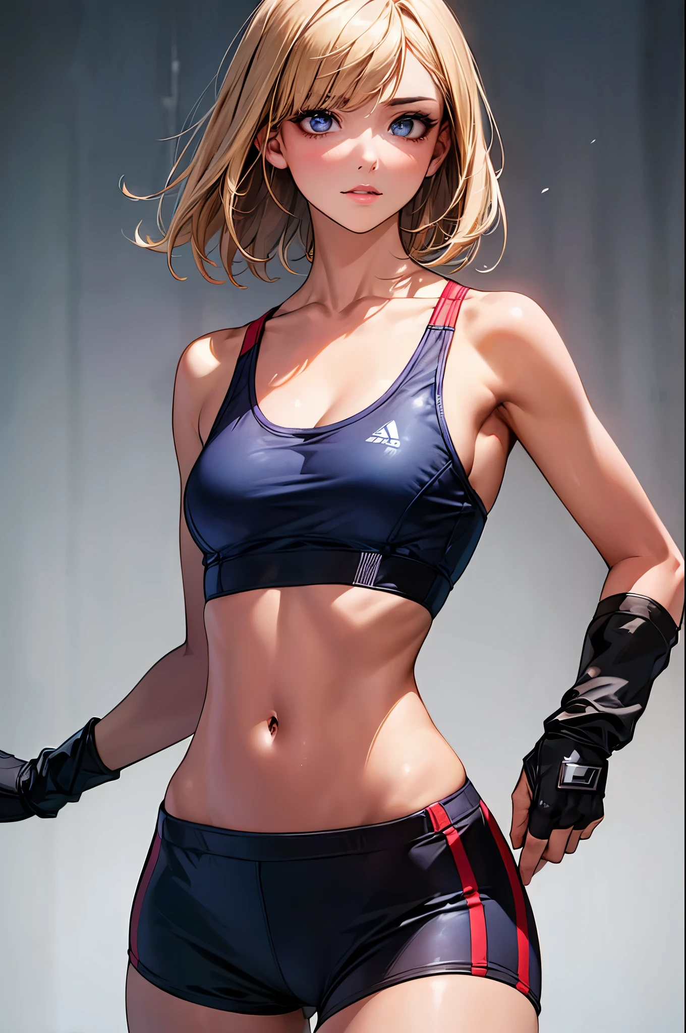 ((perfect anatomy,realistic,:1.3,RAW Photography:1.3,masterpiece、highest quality、Ultra - High resolution、High resolution、Highly detailed CG、8K)),cowboy shot,1 female,solo,20 year old beauty、female martial arts athlete、beautiful detailed face and eyes,big and gorgeous eyes),dark blue eyes,(blonde hair,short hair,bangs),(large breasts,slender body,small head:1.4, toned body, gleaming skin,oily skin,shiny skgin),(navy blue sports bra、Dark blue sports shorts、black fingerless gloves)、fighting pose、simple martial arts ring、dim lighting、underground、audience、
