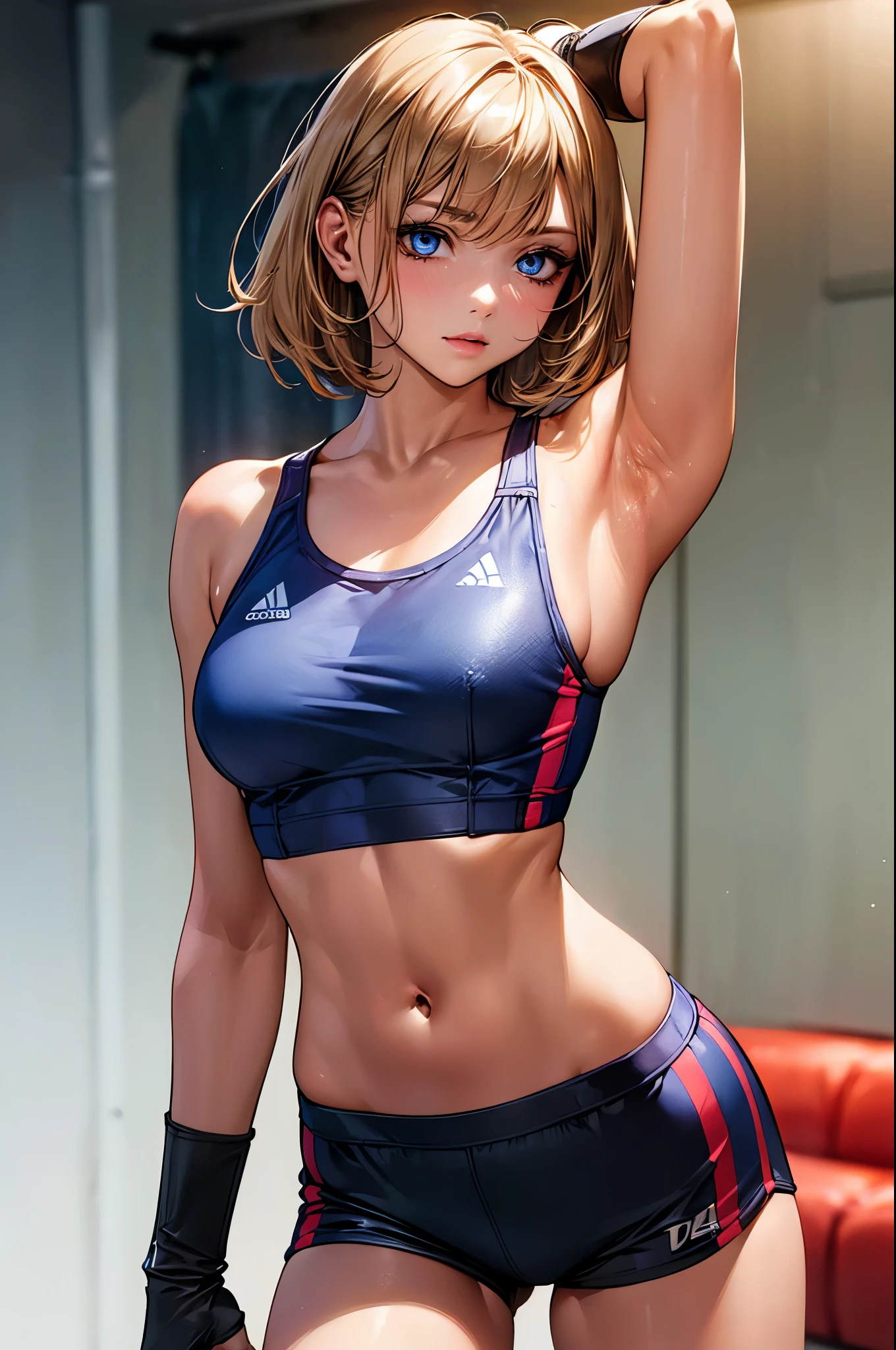 ((perfect anatomy,realistic,:1.3,RAW Photography:1.3,masterpiece、highest quality、Ultra - High resolution、High resolution、Highly detailed CG、8K)),cowboy shot,1 female,solo,20 year old beauty、female martial arts athlete、beautiful detailed face and eyes,big and gorgeous eyes),dark blue eyes,(blonde hair,center parted bangs,short hair),(large breasts,slender body,small head:1.4, toned body, gleaming skin,oily skin,shiny skgin),(Yellow Sports Bra、White sports shorts、yellow open finger gloves)、simple martial arts ring、dim lighting、Underground carpark、audience、