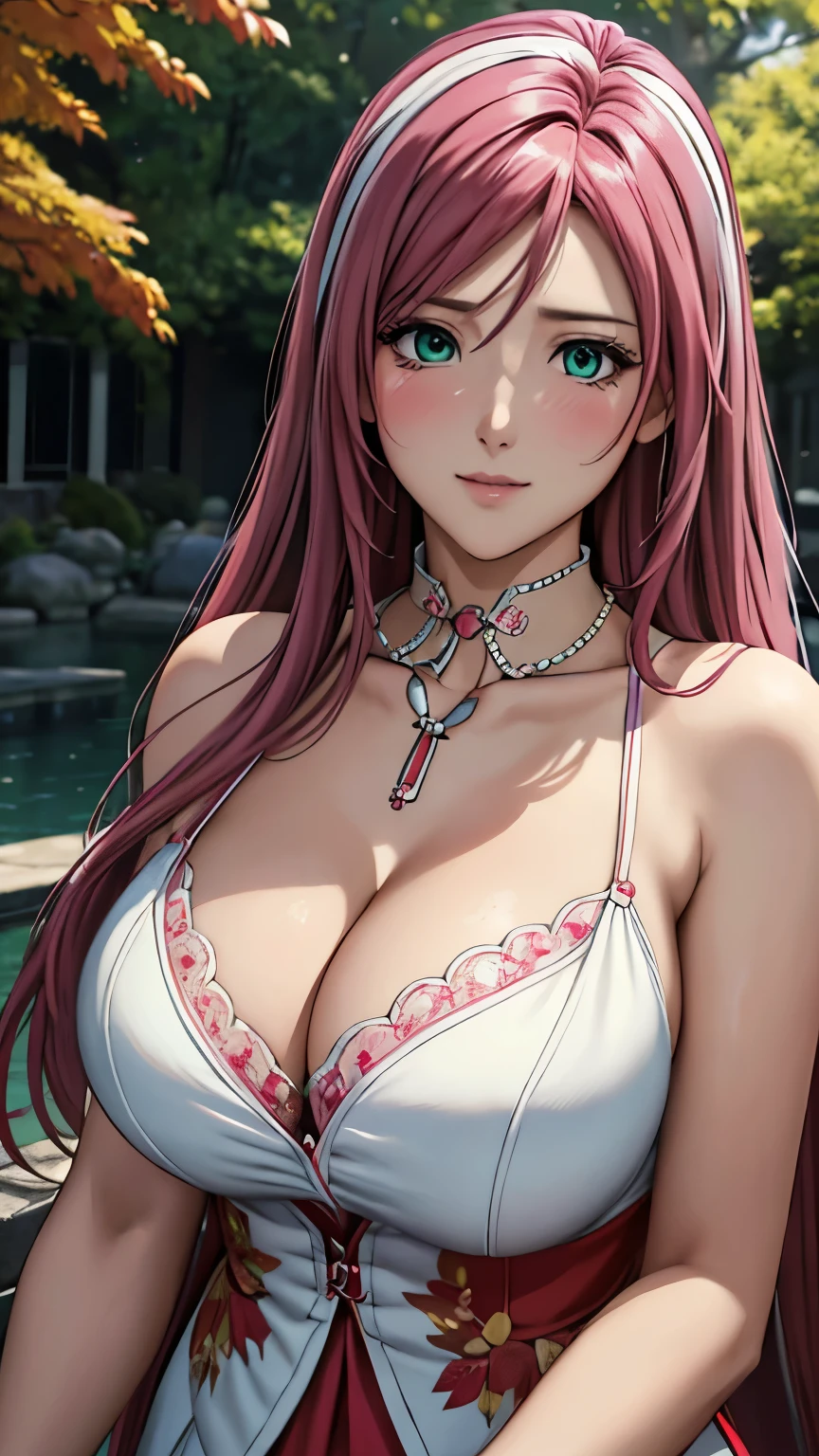 green eyes, (highest quality, masterpiece painting:1.3), mature woman, 26 years old, (half body shot), masterpiece, ultra high resolution, (Photoreal:1.0), pink hair、straight hair, beautiful shining hair, white and shining skin, ((Ultra realistic details)), octane rendering, highly detailed face, (big breasts:0.8),(sexy and cute cheongsam,red and white contrast outfit,delicate decoration:1.2), open neckline, (necklace:1.0),cleavage, perfect body, soft skin, anime face, perfect face, perfect eyes, looking at the viewer, smart, Under autumn leaves tree background, Autumn leaf petals are falling, outdoors,shrine, sharp focus, intricate details, professional artwork, (bright colors:1.1), bright colors, diffused lighting, digital blending, ultra-definition body, ultra detail hair, super detailed face, that&#39;It&#39;s trending on pixiv, top button open, Cute gaze, compensate, perfect lips, perfect compensate, Ultra-precision coating, (light_smile:0.8), (Very embarrassed:1.2), blush your nose,