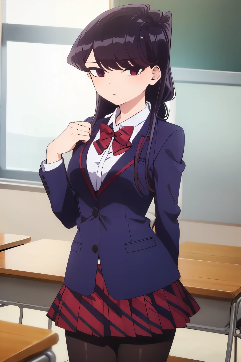 komiShouko, masterpiece, best quality, absurdres, 1girl, looking at viewer, standing, v arms, pantyhose, classroom, cowboy shot, , red skirt, red bow, blazer