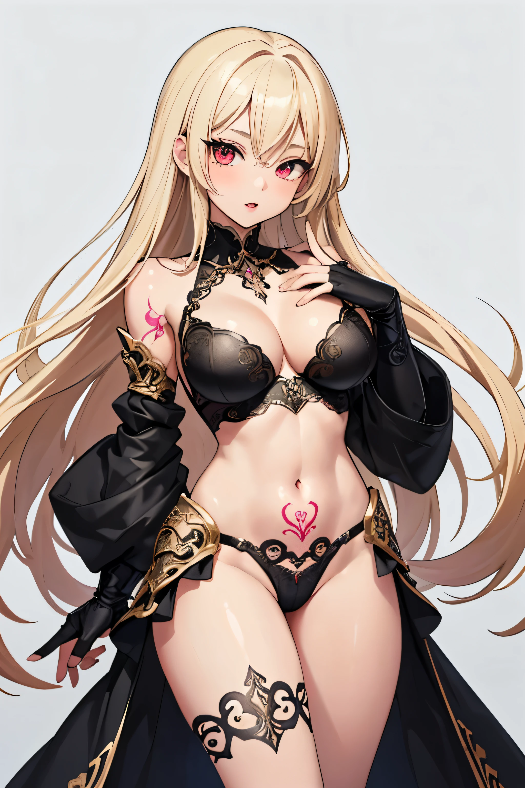 1girl, anime, cute girl, blank background, white background, fantasy, detailed fantasy dress with highlights, beautiful face, beautiful eyes, dark colors, black hair with multicolor streaks, red eye with different color pupil in eye, multicolor eye, medium small (slightly big), slight cleavagiful skin, cute, breast curtainsemely delicate and beautiful, (beautiful detailed face:1.0), (detailed deep eyes), symmetrical breasts, deep eyes, sin, portrait, slender waist, hips wider than shoulders, thighs, expressionless, young girl, luminous eyes, adorable,(Kpop idol),(aegyo sal:1),(Platinum blonde hair:1),((puffy eye)),Black panty,sexyture,Superskirt, uhigh rlution,Black collar,slim figure, Abdominal y tattoo, womb tattoo,Tight-fitting leg ring,y tattoo on half-body,Bare skin, Armored hand,Hidden fingertips,Hand covered,Arm covered,Fist covered,{{beautiful detailed fingers}}, tufts of hair, moderate beautiful breast:1.0,(masterpiece:1.2), best qualigh-res, HDR, perfect face, intricate armor, delicate blue filigree, intricate filigree, red metalic parts, detailed part, dynamic pose, dynamic lights,