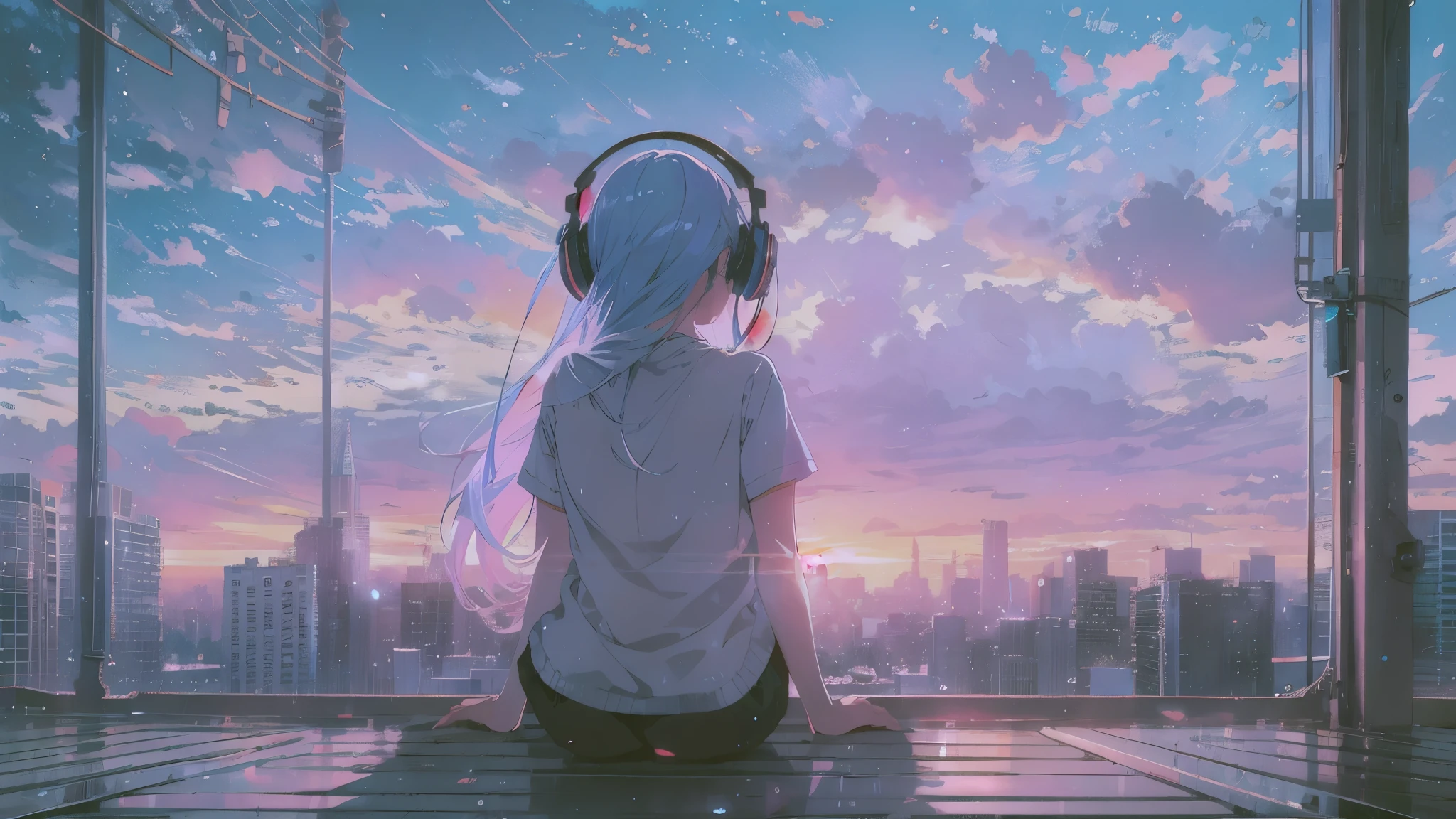 roof of the building　blue hair、、A starry sky fills the entire screen.、のback view。woman is wearing headphones 4k, sad,、Bowater&#39;s art style、beautiful digital illustrations、beautiful character painting、Stunning Anime Face Portrait Mikudayo, official artwork, lofi girl, praise art style,, halfbeak, anime atmosphere, Anime style mixed with Fujifilm, digital anime illustration, anime wallpaper 4k　Girl with headphones Blue haired woman　put on headphones;　　　high resolution　high quality　beautiful realistic sky　The sky is the main　back view　back view　The scenery is the main thing　The scenery is the main thing　Emotional　lofi old camera film　It has depth　three-dimensional
