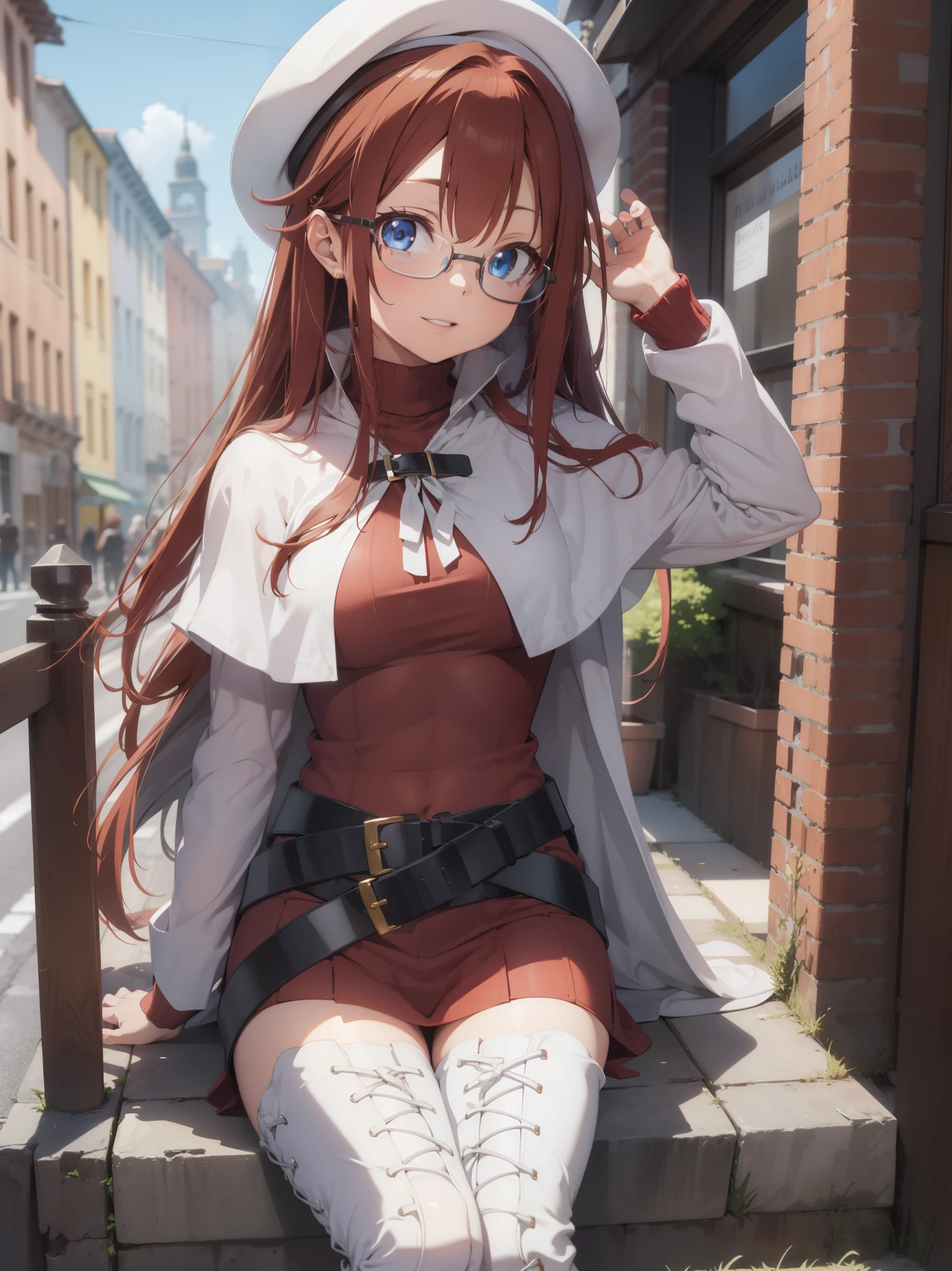 summonnightaty, aty, long hair, blue eyes, red hair, beret, hat, glasses,
BREAK long hair, thighhighs, hat, dress, boots, glasses, belt, cape, sweater, zettai ryouiki, beret, thigh boots, white footwear, ribbed sweater, loose belt,solo,
BREAK outdoors, fantasy_town,
BREAK (masterpiece:1.2), best quality, high resolution, unity 8k wallpaper, (illustration:0.8), (beautiful detailed eyes:1.6), extremely detailed face, perfect lighting, extremely detailed CG, (perfect hands, perfect anatomy),covered_nipples,covered_navel,light_smile ,walking,(half_eyes:1.2),light_open_mouth,sword,armpit,sleepy,sitting_on_the_barrel,barrel,red_sweater,