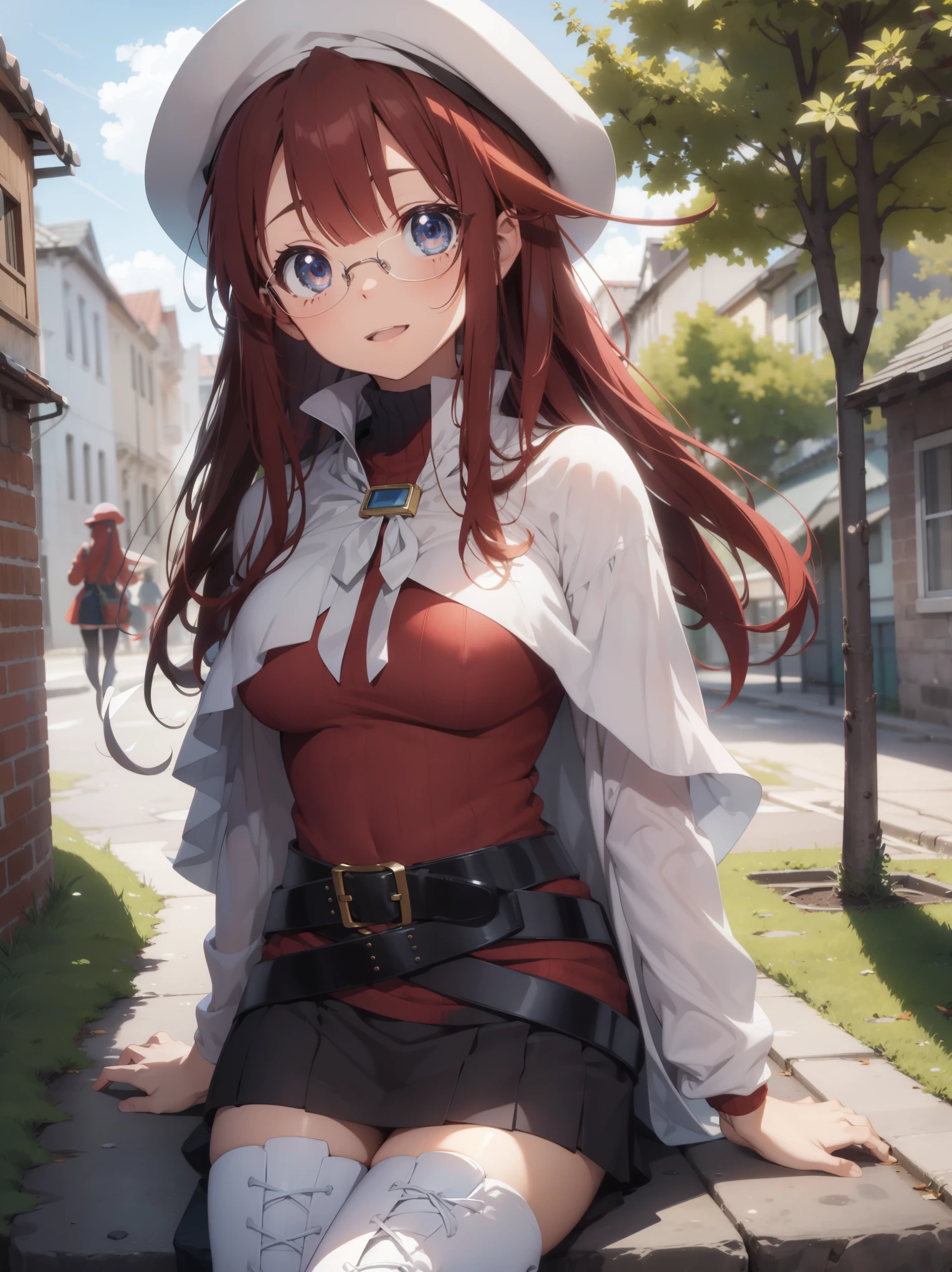 summonnightaty, aty, long hair, blue eyes, red hair, beret, hat, glasses,
BREAK long hair, thighhighs, hat, dress, boots, glasses, belt, cape, sweater, zettai ryouiki, beret, thigh boots, white footwear, ribbed sweater, loose belt,solo,
BREAK outdoors, fantasy_town,
BREAK (masterpiece:1.2), best quality, high resolution, unity 8k wallpaper, (illustration:0.8), (beautiful detailed eyes:1.6), extremely detailed face, perfect lighting, extremely detailed CG, (perfect hands, perfect anatomy),covered_nipples,covered_navel,light_smile ,walking,(half_eyes:1.2),light_open_mouth,sword,armpit,sleepy,sitting_on_the_barrel,barrel,red_sweater,