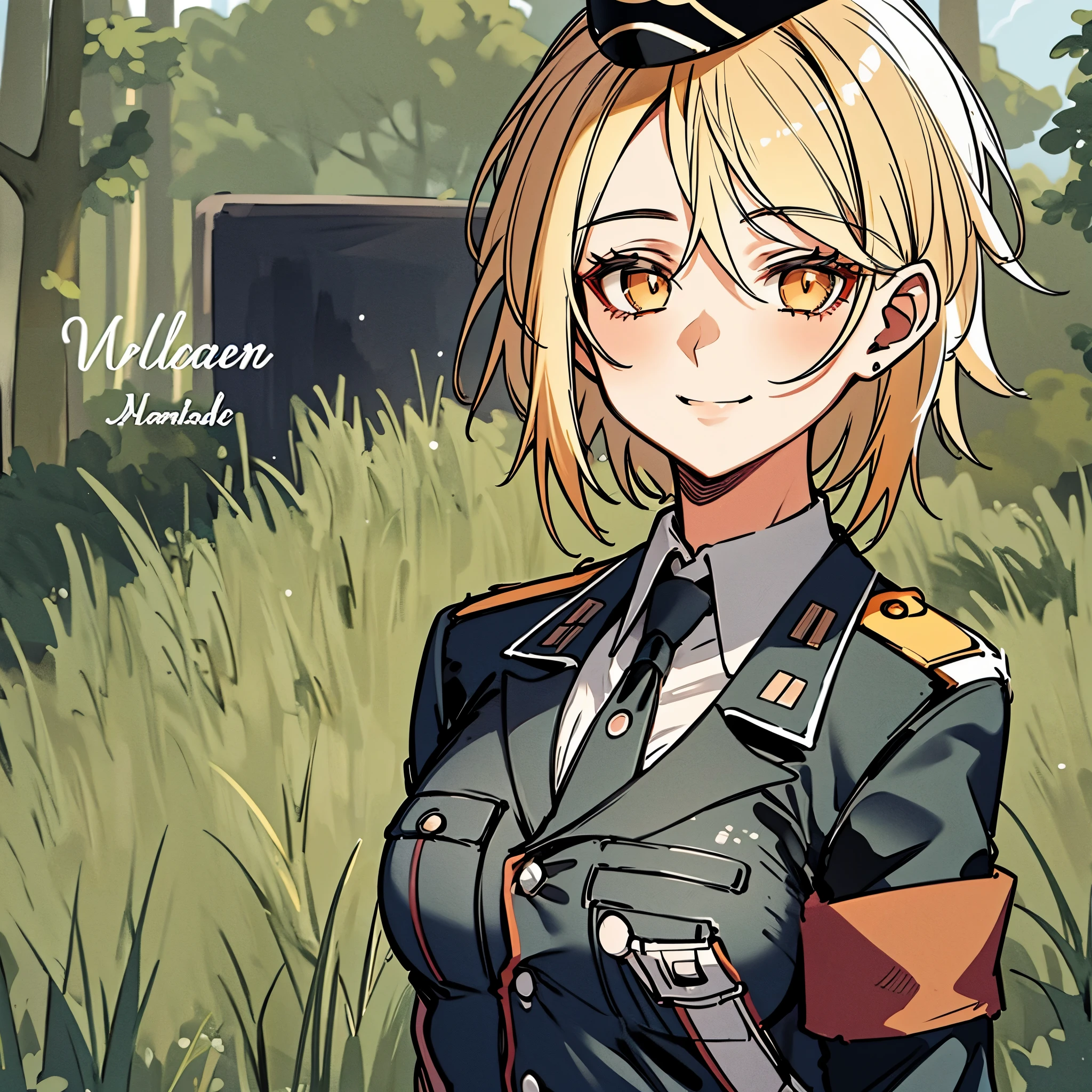 A woman in military clothing, military hat, on a battlefield in a forest, smiling, short blonde hair, orange eyes, masterpiece, ultra resolution, very detailed, 2k hd
