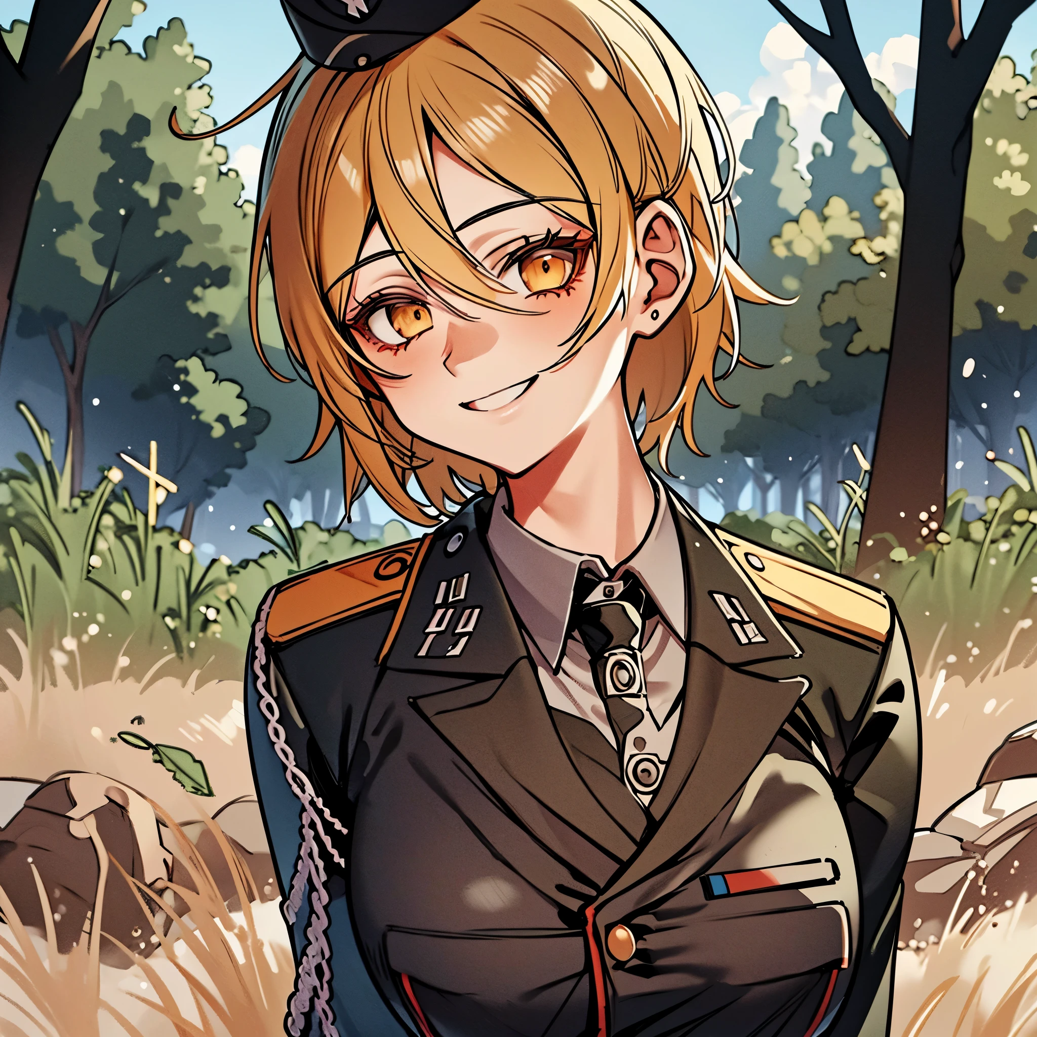 A woman in military clothing, military hat, on a battlefield in a forest, smiling, short blonde hair, orange eyes, masterpiece, ultra resolution, very detailed, 2k hd
