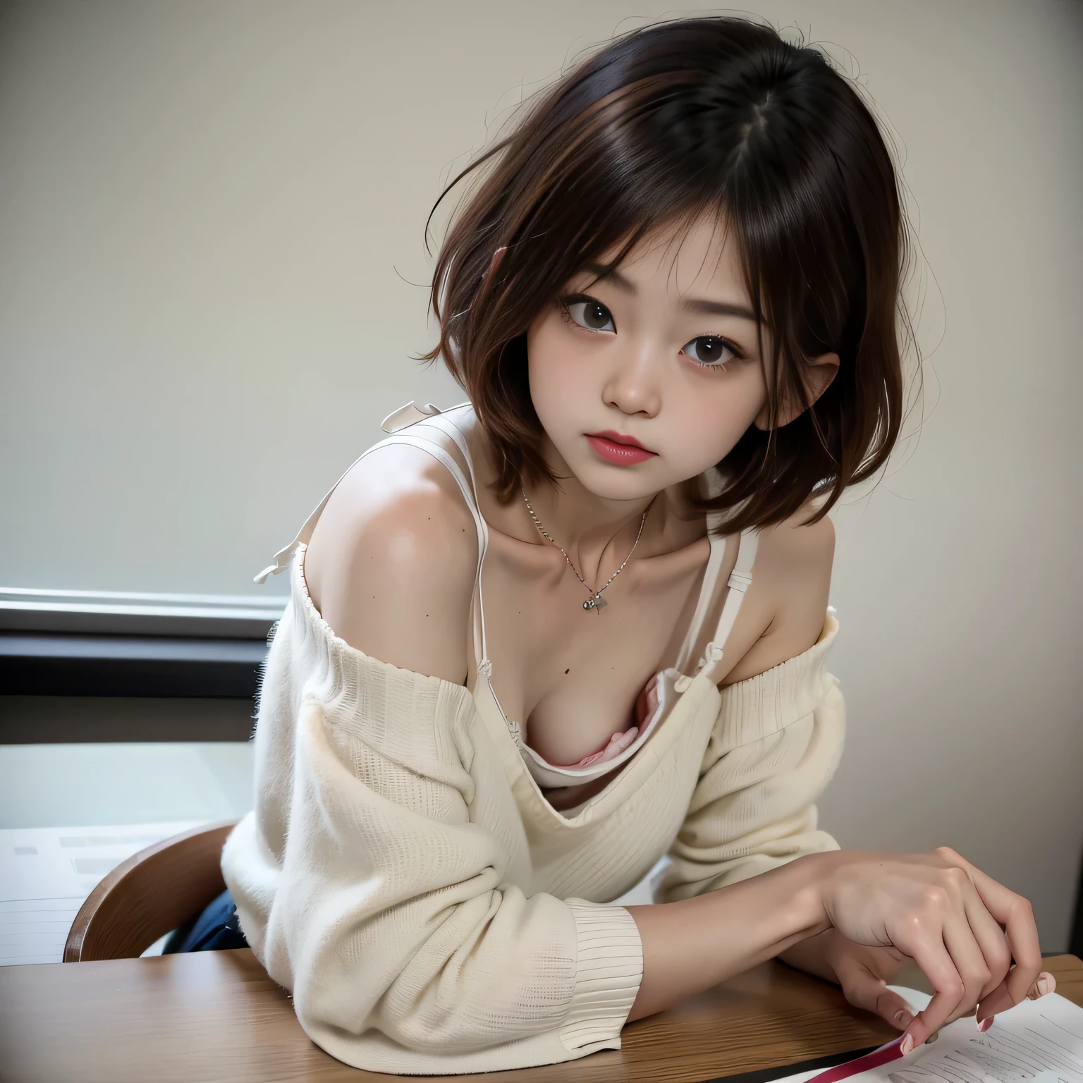 highest quality, ultra high resolution, 8K, Raw photo, cute japanese girl, alone, (((flat chest))),down blouse, small breasts, sensual, sexy detailed bra with embellishments,overlap shirt ,(High resolution details of human skin texture), short hair,necklace ,bend over and study at your desk, In the classroom, rock style, From above