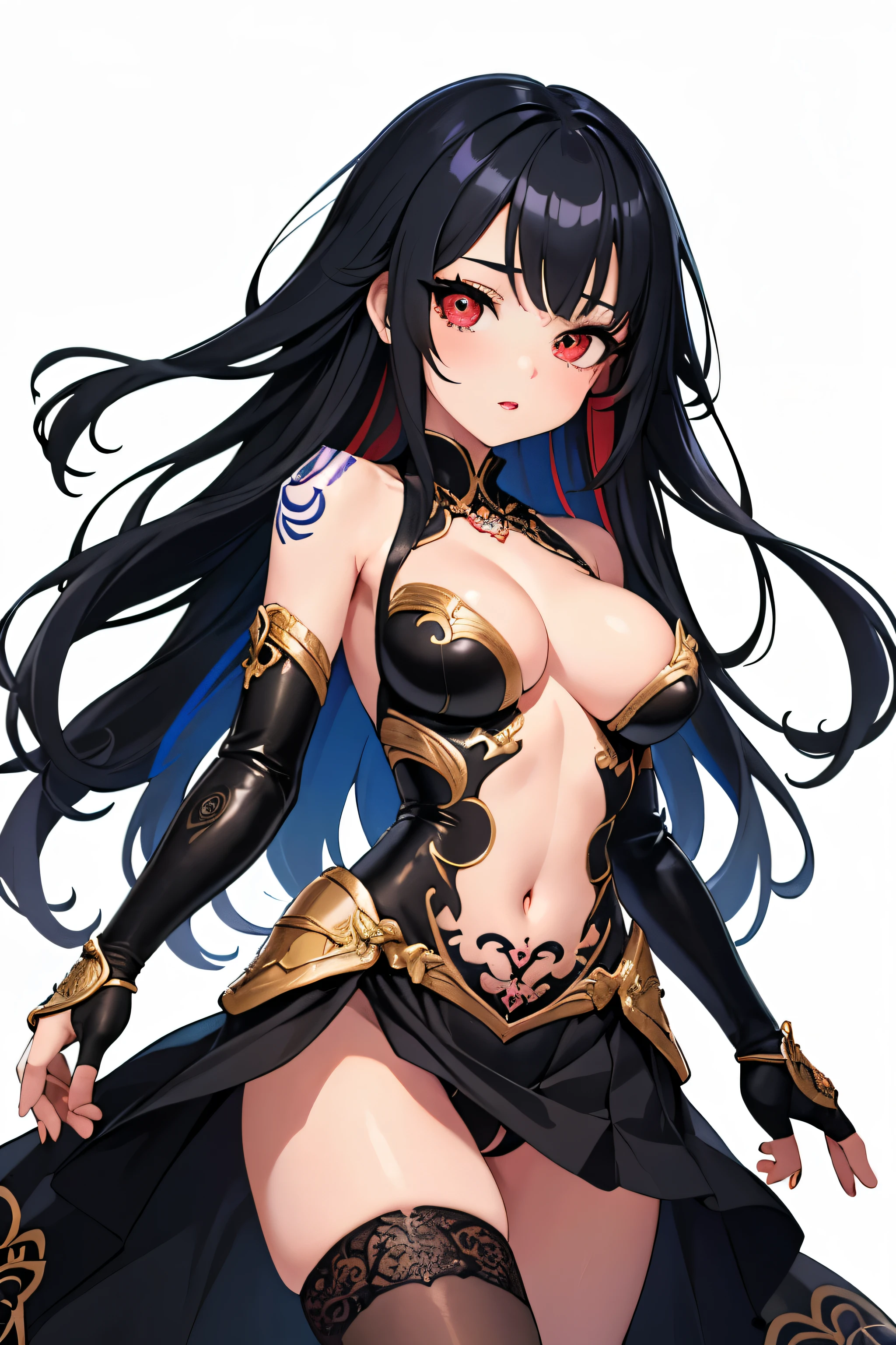 1girl, anime, cute girl, blank background, white background, fantasy, detailed fantasy dress with highlights, beautiful face, beautiful eyes, dark colors, black hair with multicolor streaks, red eye with different color pupil in eye, multicolor eye, medium small breasts (slightly big), slight cleavage, beautiful skin, cute, breast curtains, extremely delicate and beautiful, (beautiful detailed face:1.0), (detailed deep eyes), symmetrical breasts, deep eyes, shiny skin, portrait, slender waist, hips wider than shoulders, thighs, expressionless, young girl, luminous eyes, adorable,(Kpop idol),(aegyo sal:1),(Platinum blonde hair:1),((puffy eye)),Black panty,sexy posture,Superskirt, ultra high resolution,Black collar,slim figure, Abdominal y tattoo, womb tattoo,Tight-fitting leg ring,y tattoo on half-body,Bare skin, Armored hand,Hidden fingertips,Hand covered,Arm covered,Fist covered,{{beautiful detailed fingers}}, tufts of hair, moderate beautiful breast:1.0,(masterpiece:1.2), best quality, high-res, HDR, perfect face, intricate armor, delicate blue filigree, intricate filigree, red metalic parts, detailed part, dynamic pose, dynamic lights,